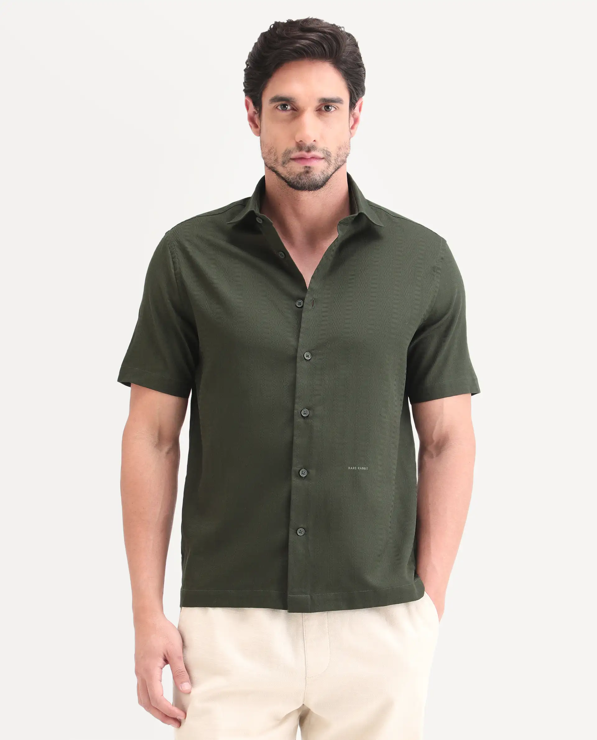Rare Rabbit Men's Parker Dark Green Cotton Fabric Half Sleeve Regular Fit Striped Shirt - Image 4