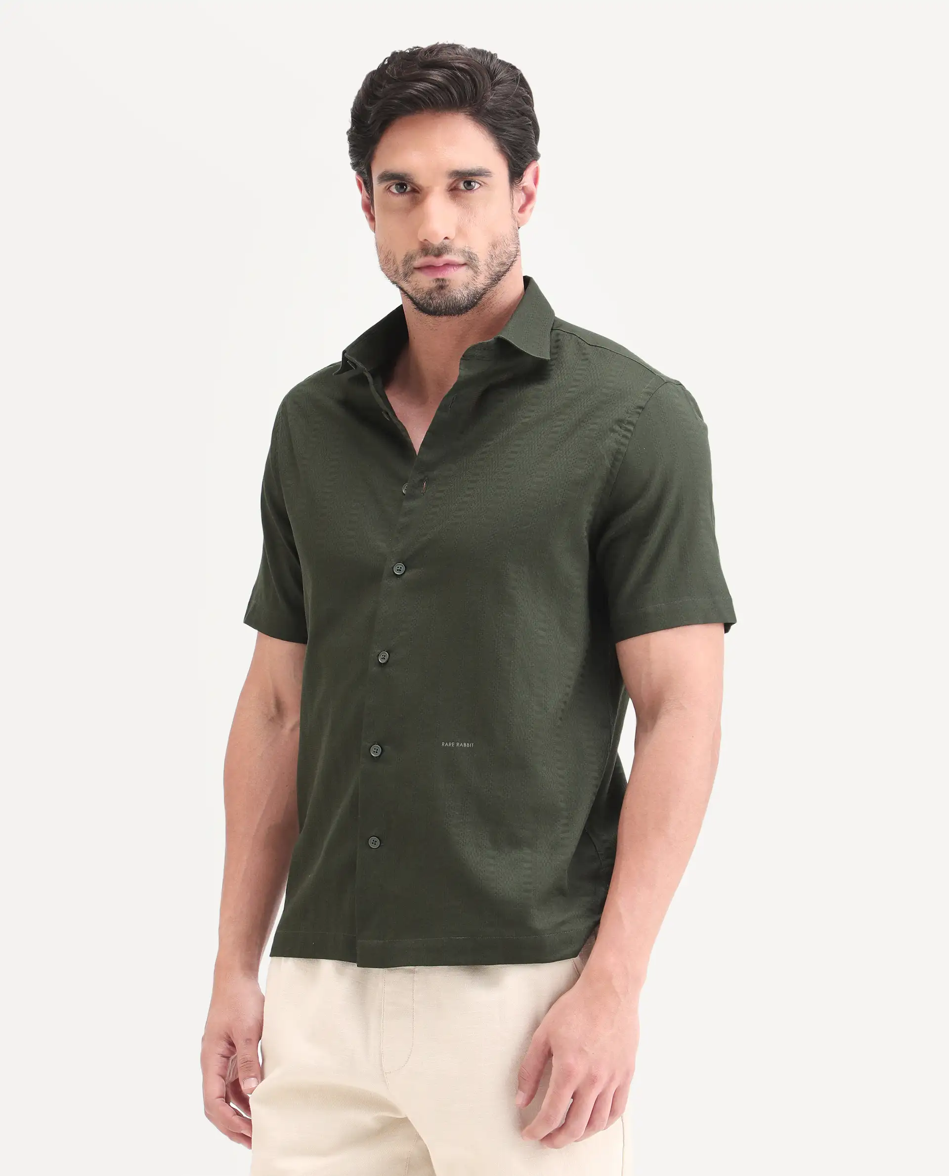 Rare Rabbit Men's Parker Dark Green Cotton Fabric Half Sleeve Regular Fit Striped Shirt - Image 5