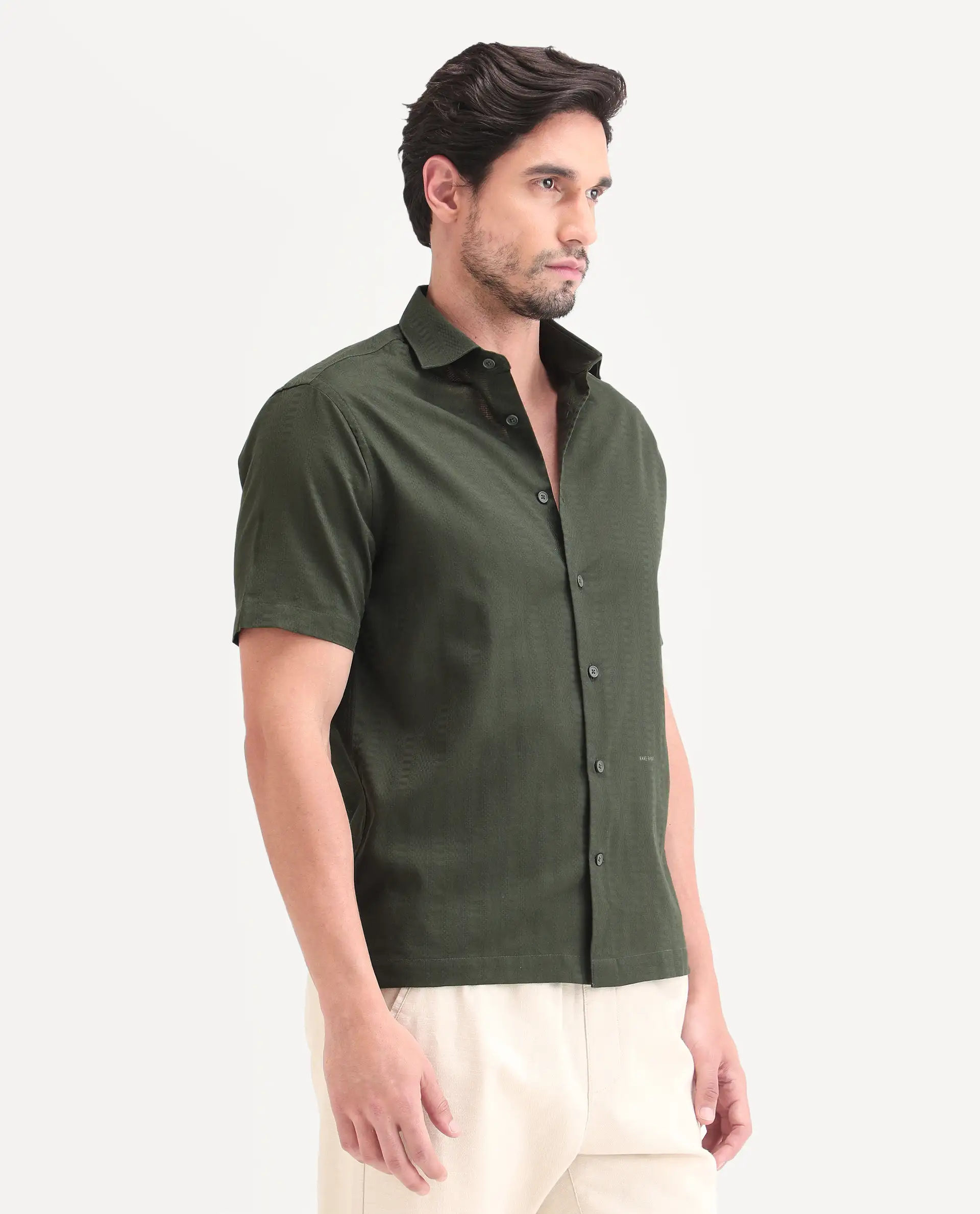 Rare Rabbit Men's Parker Dark Green Cotton Fabric Half Sleeve Regular Fit Striped Shirt - Image 6