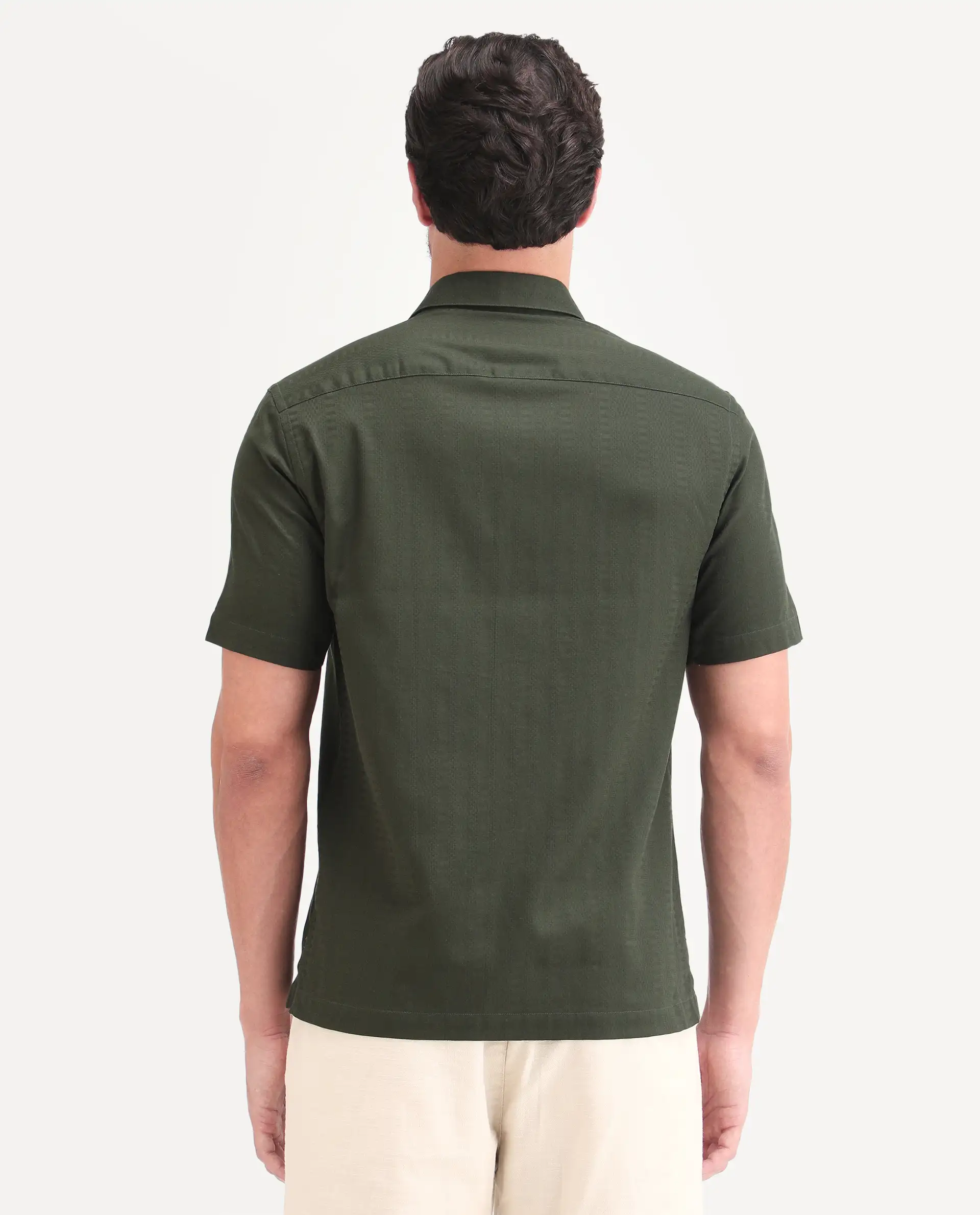 Rare Rabbit Men's Parker Dark Green Cotton Fabric Half Sleeve Regular Fit Striped Shirt - Image 7