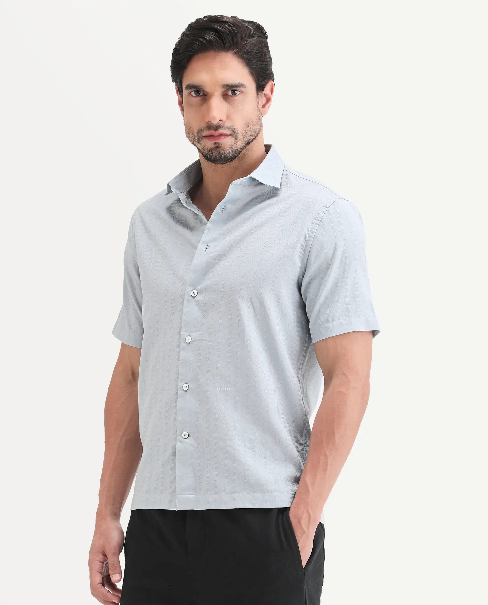 Rare Rabbit Men's Parker Light Blue Cotton Fabric Half Sleeve Regular Fit Striped Shirt - Image 4