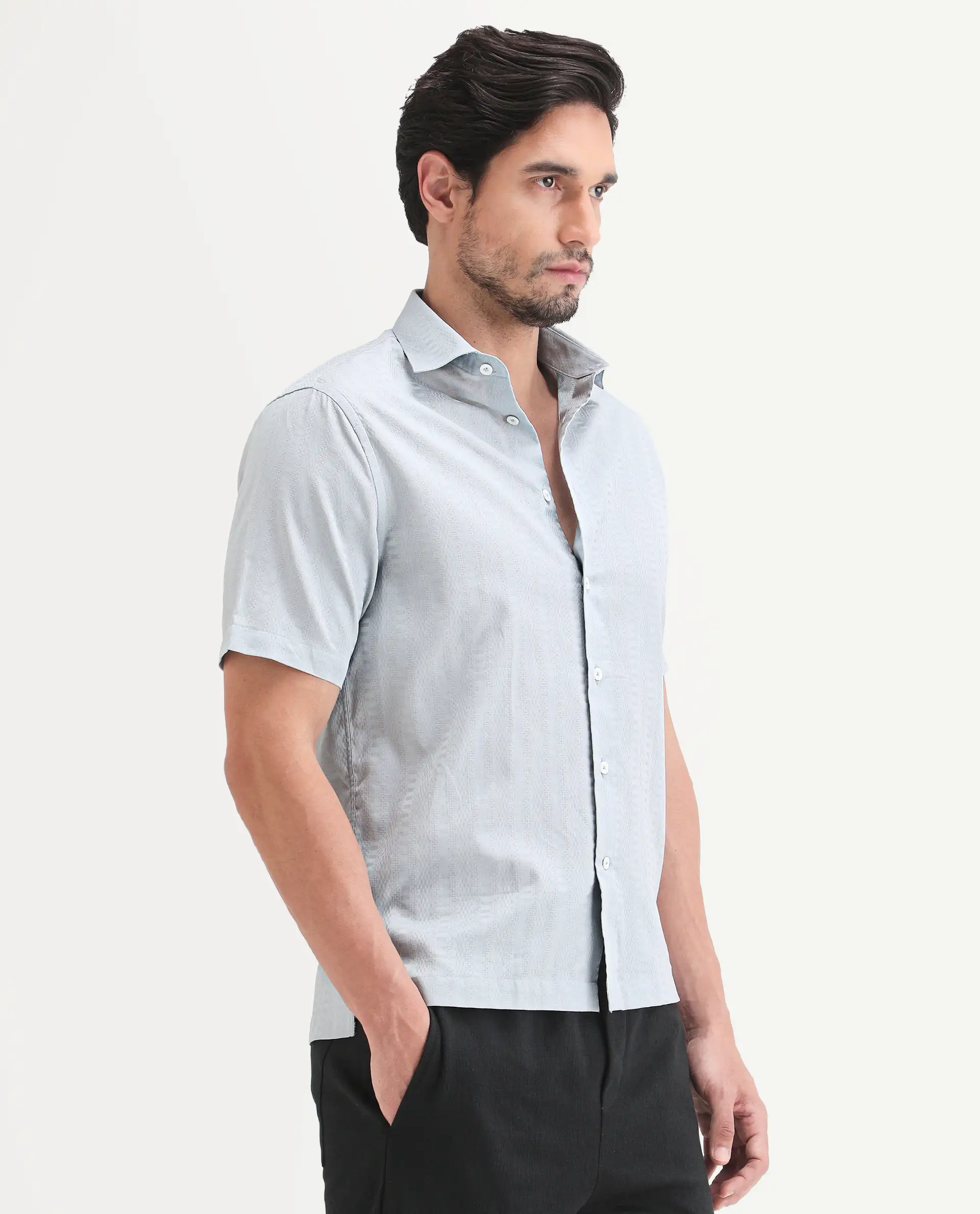 Rare Rabbit Men's Parker Light Blue Cotton Fabric Half Sleeve Regular Fit Striped Shirt - Image 5