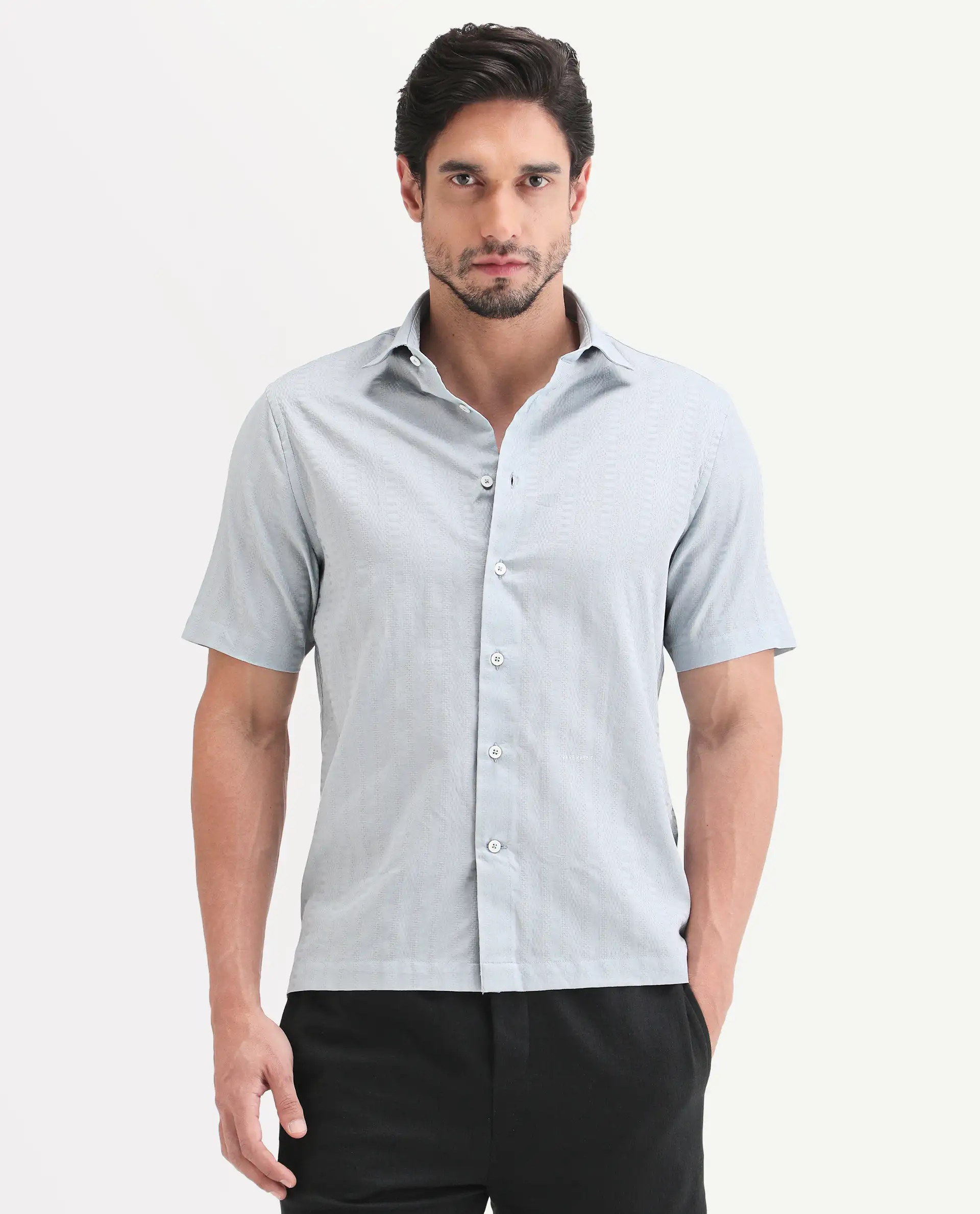 Rare Rabbit Men's Parker Light Blue Cotton Fabric Half Sleeve Regular Fit Striped Shirt - Image 6