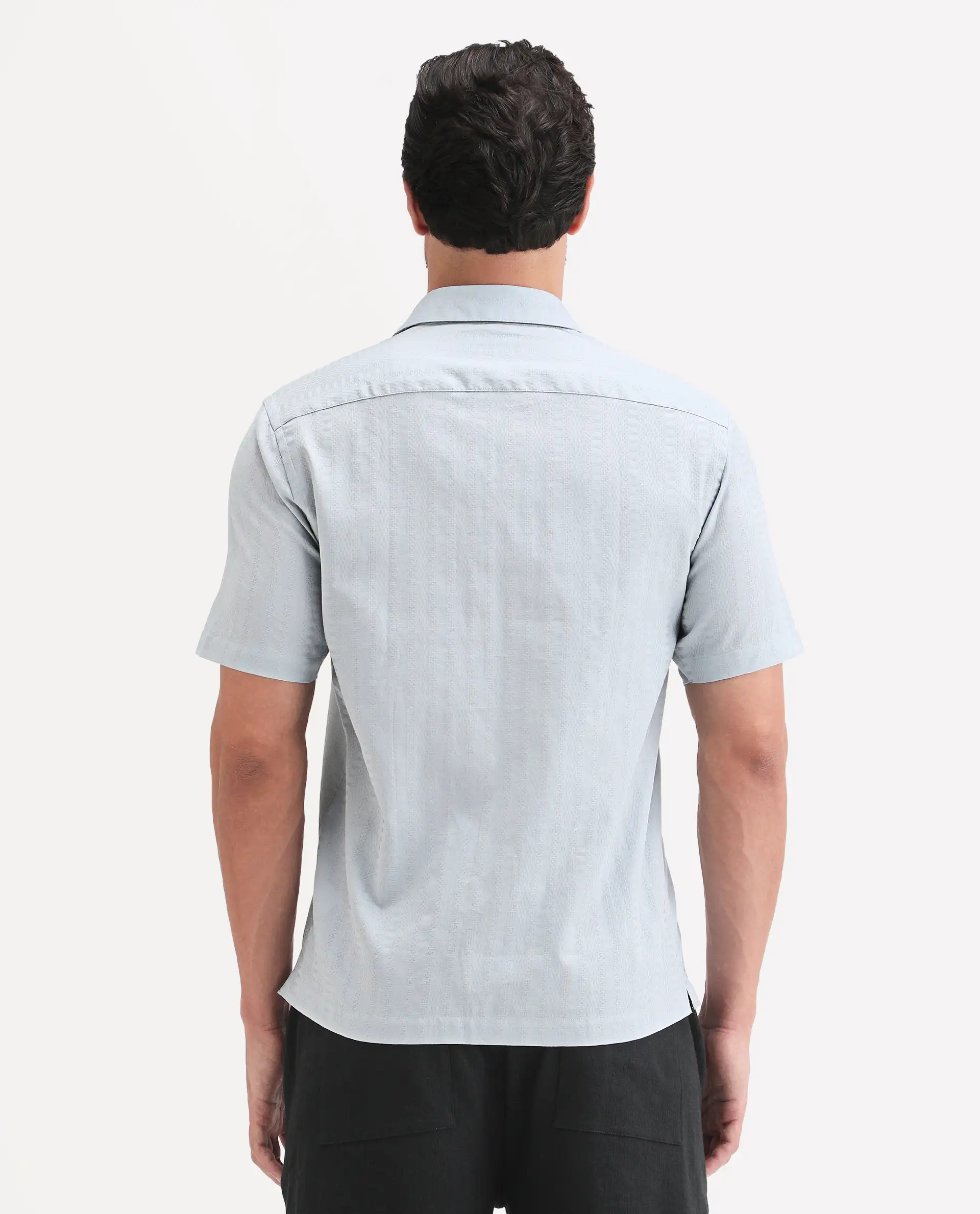 Rare Rabbit Men's Parker Light Blue Cotton Fabric Half Sleeve Regular Fit Striped Shirt - Image 7