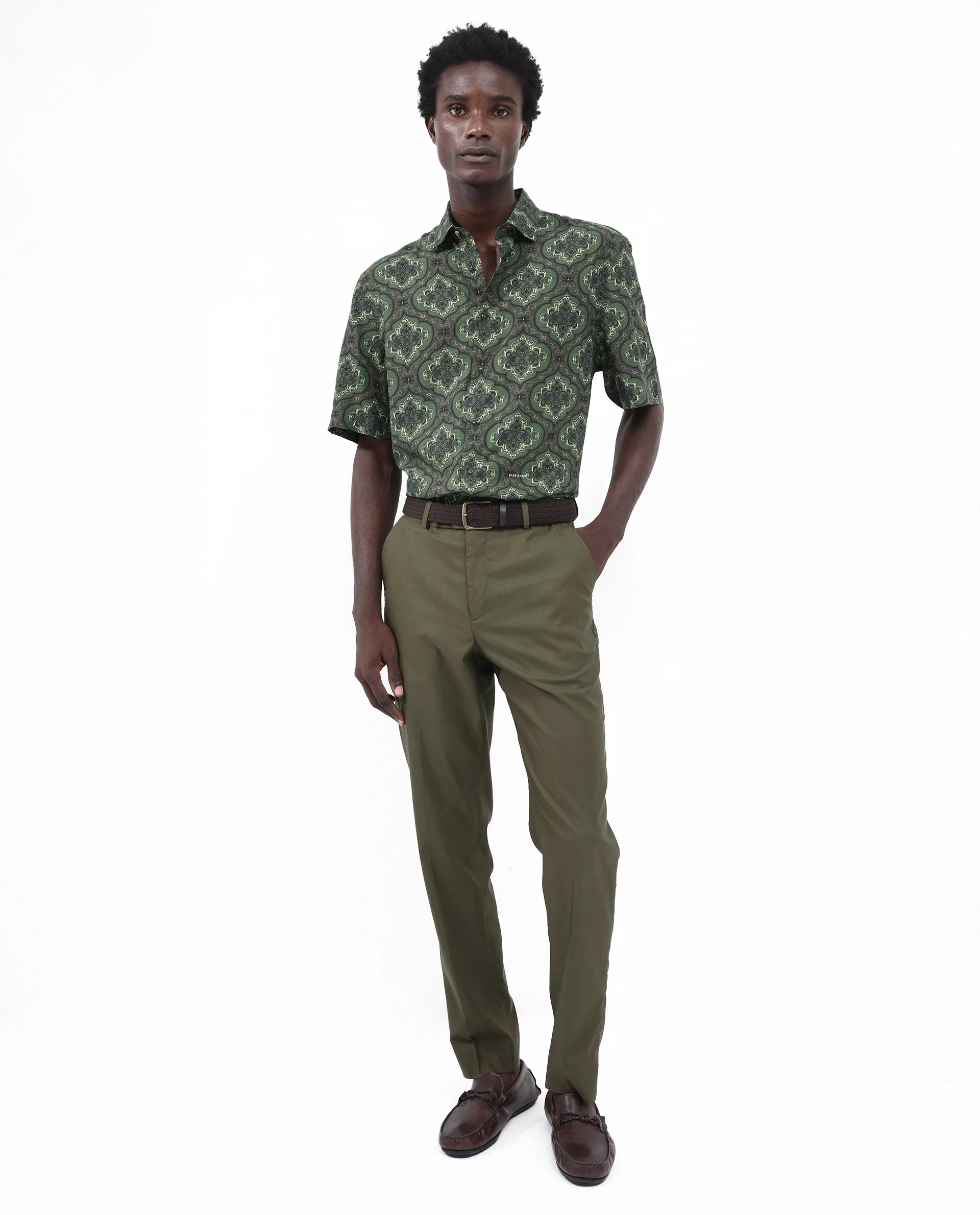 Rare Rabbit Men's Parkes Green Viscose Decorative Print Boxy Fit Half Sleeve Collared Shirt - Image 2