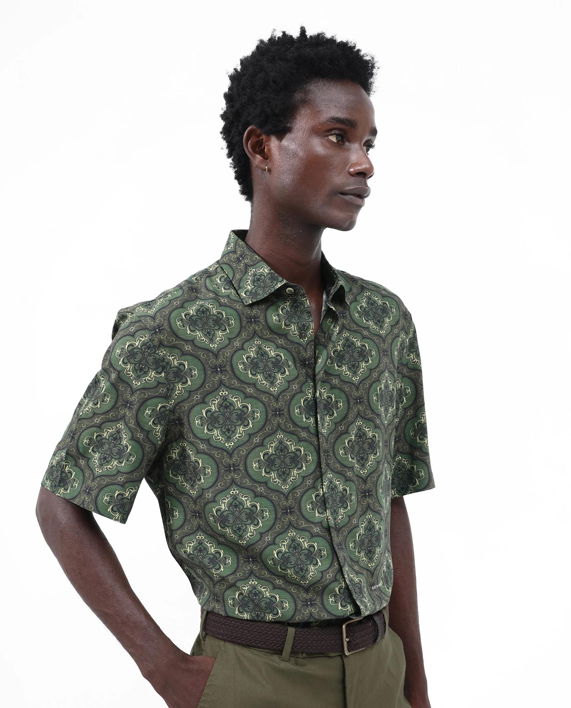 Rare Rabbit Men's Parkes Green Viscose Decorative Print Boxy Fit Half Sleeve Collared Shirt - Image 3
