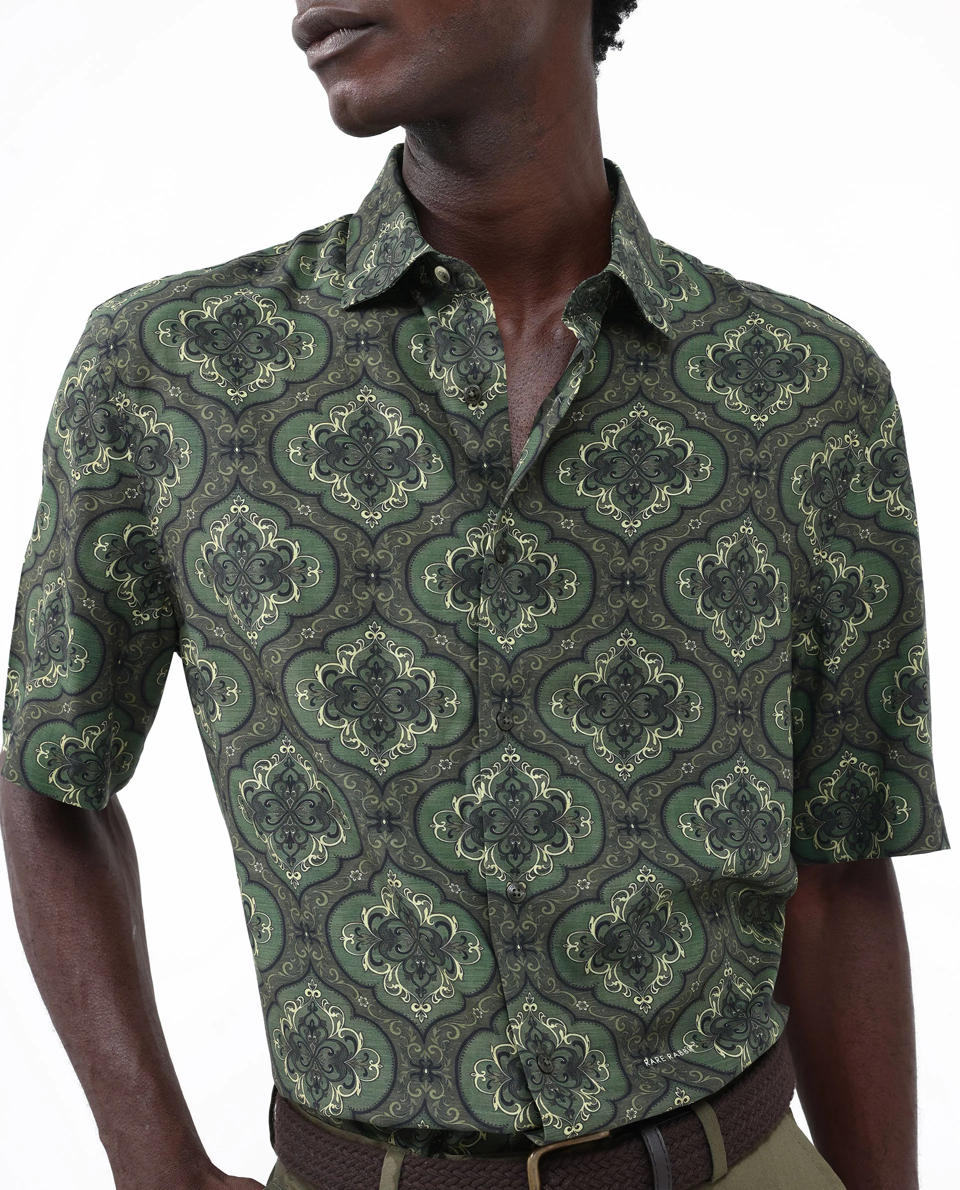 Rare Rabbit Men's Parkes Green Viscose Decorative Print Boxy Fit Half Sleeve Collared Shirt - Image 4