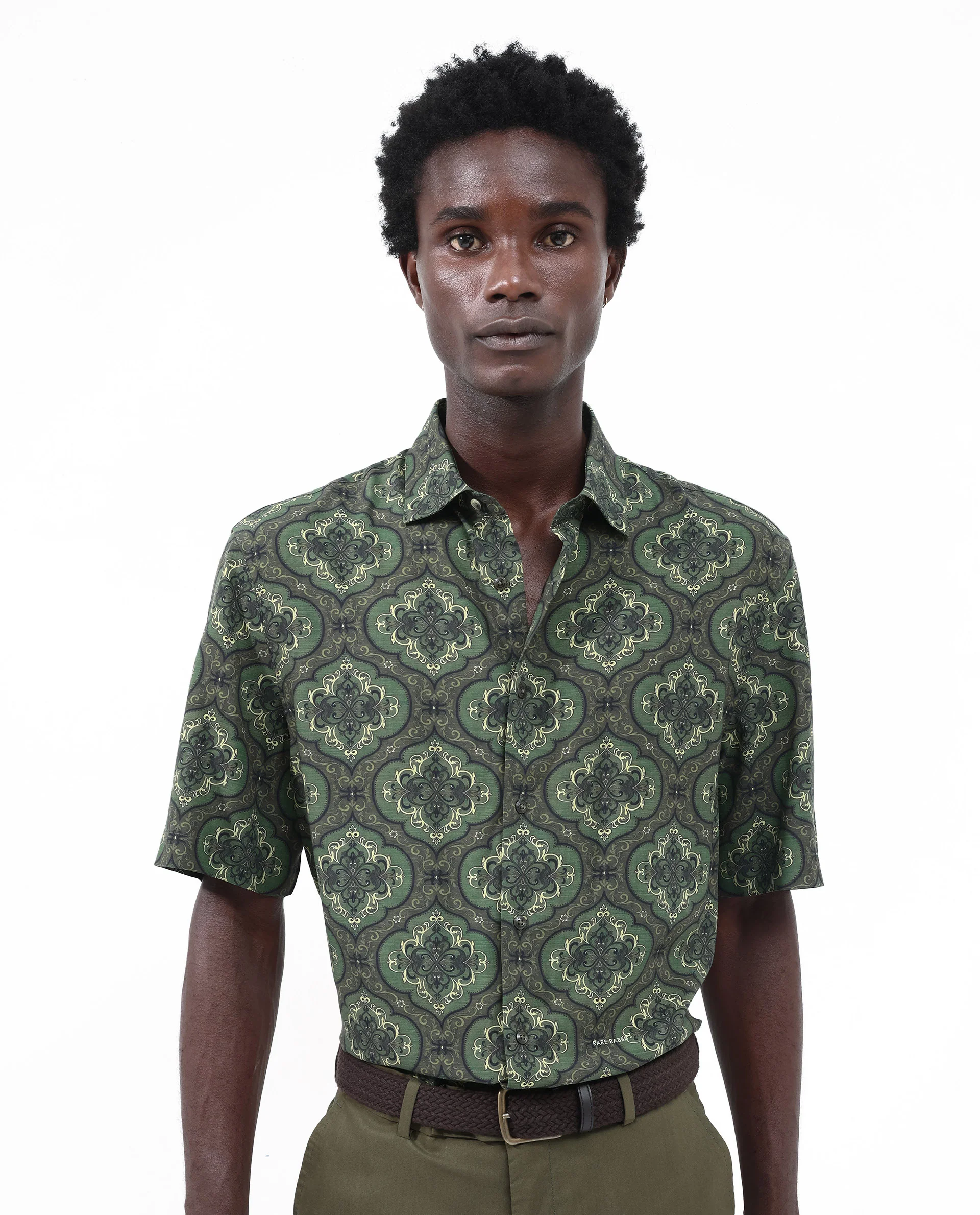 Rare Rabbit Men's Parkes Green Viscose Decorative Print Boxy Fit Half Sleeve Collared Shirt - Image 6