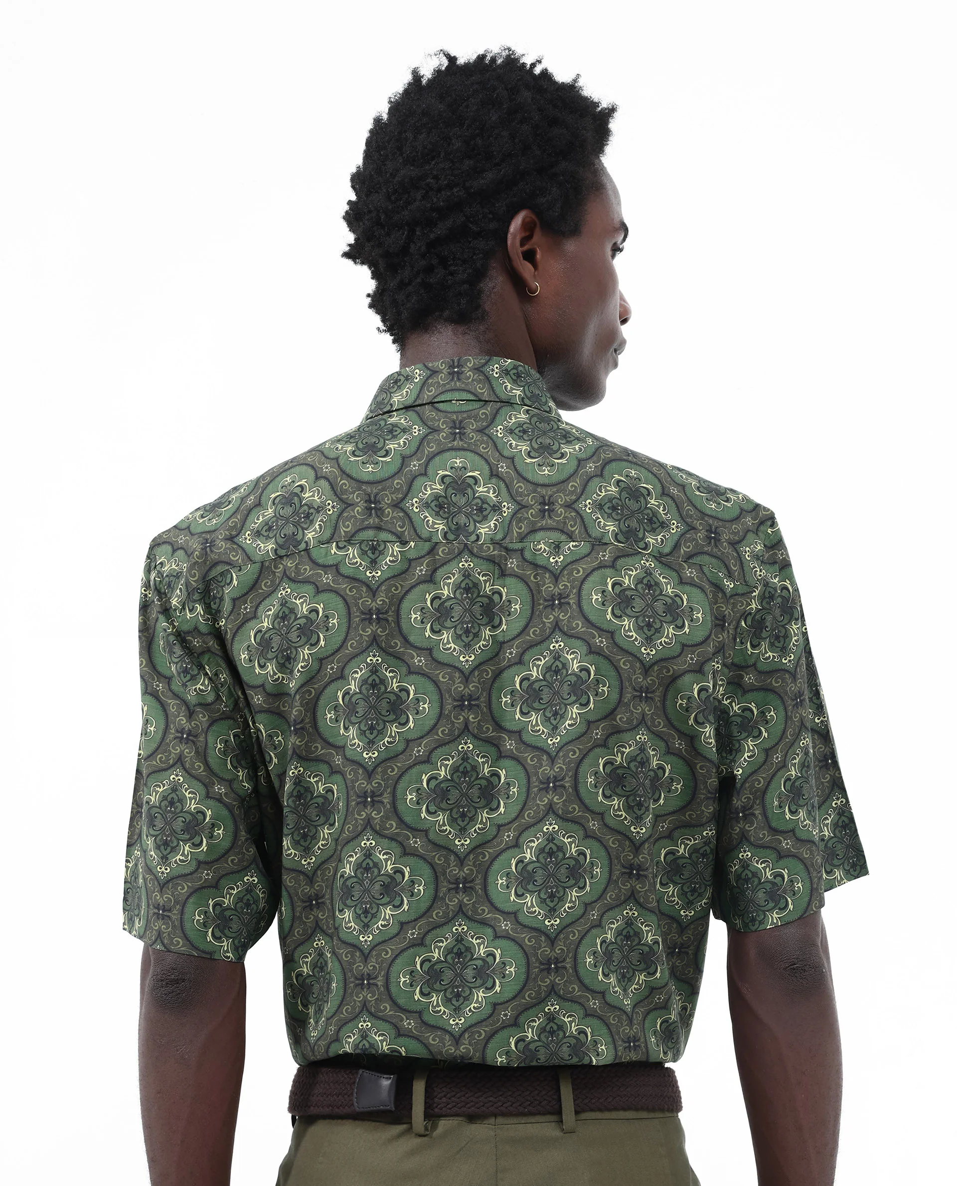Rare Rabbit Men's Parkes Green Viscose Decorative Print Boxy Fit Half Sleeve Collared Shirt - Image 7