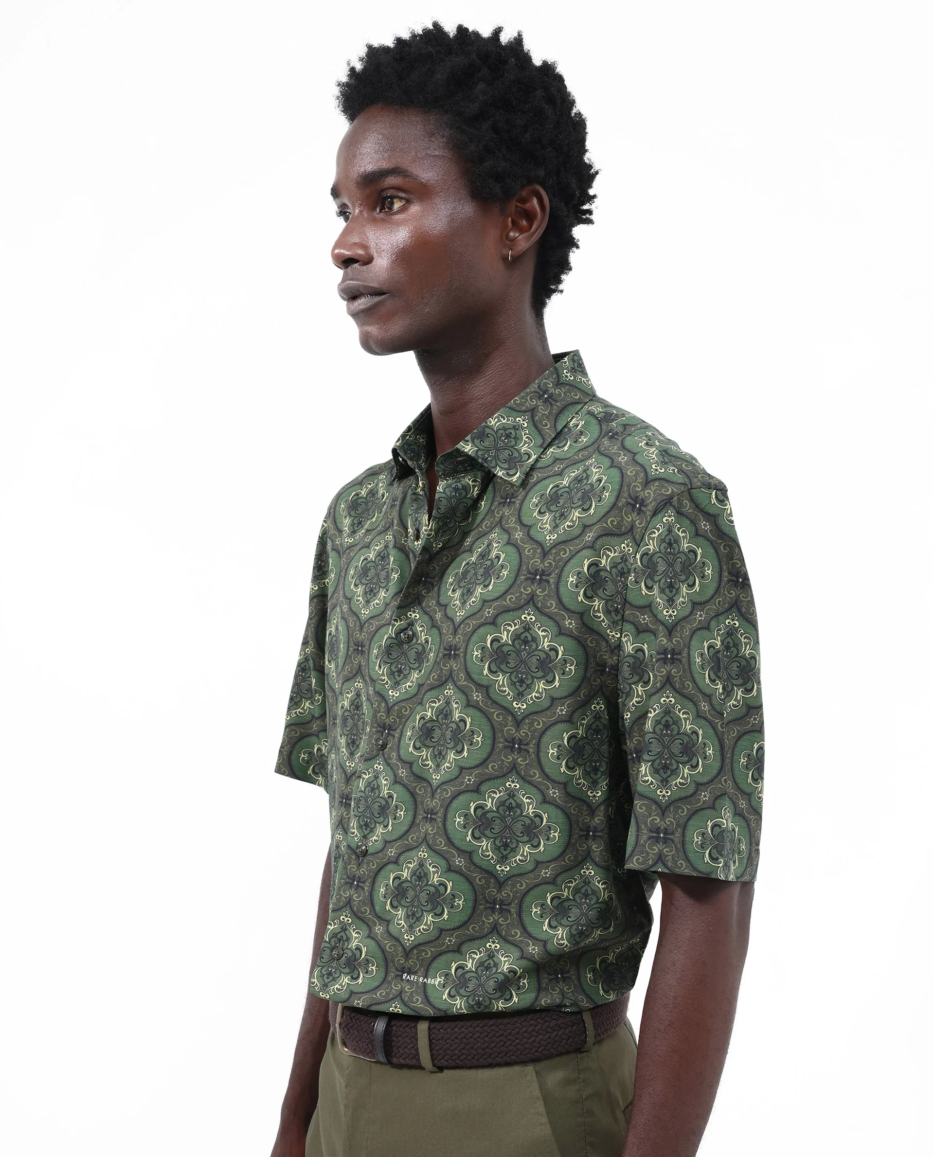Rare Rabbit Men's Parkes Green Viscose Decorative Print Boxy Fit Half Sleeve Collared Shirt - Image 8