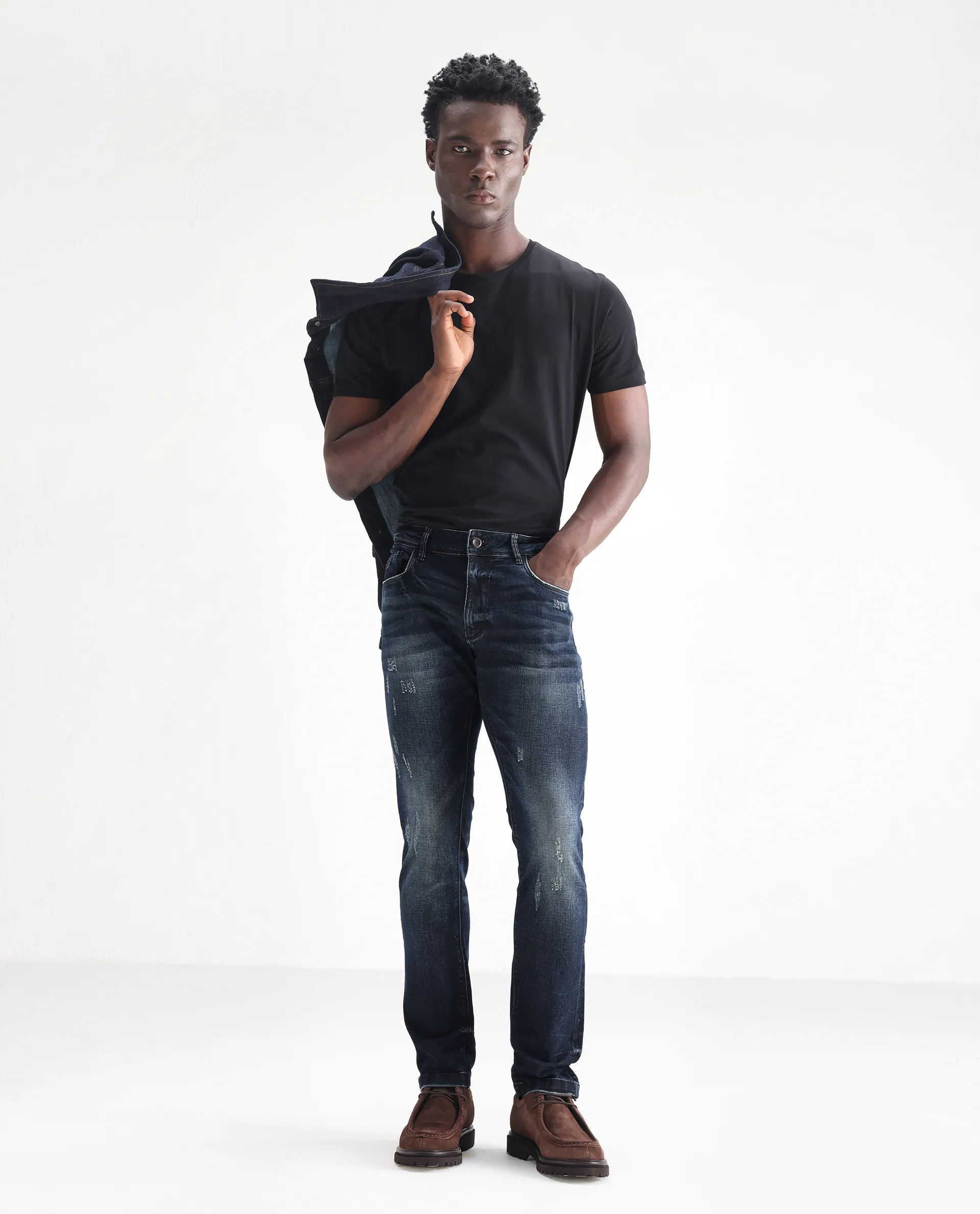 Rare Rabbit Men's Parle Navy Cotton Plain Hawk Slim Fit Jeans