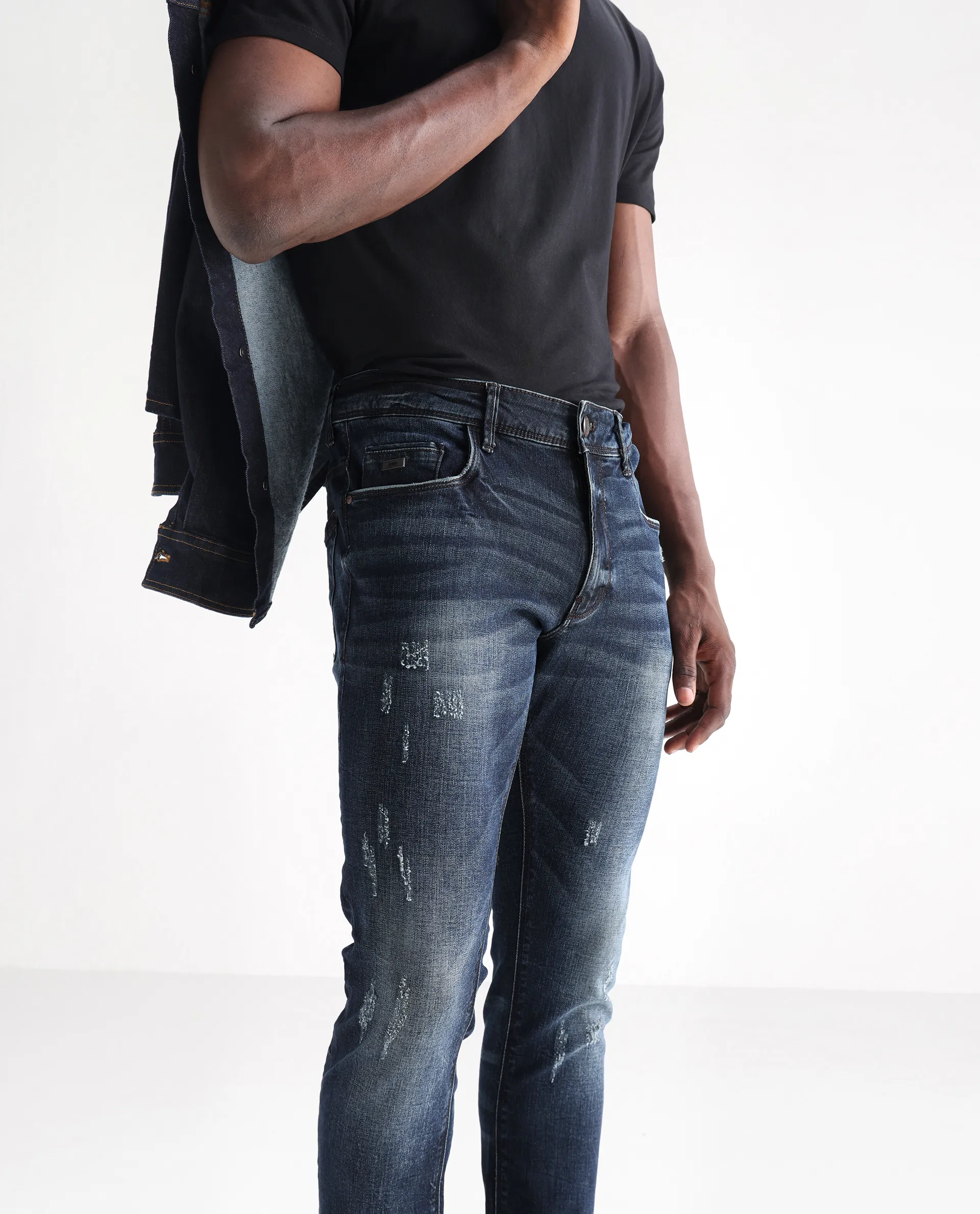 Rare Rabbit Men's Parle Navy Cotton Plain Hawk Slim Fit Jeans - Image 2