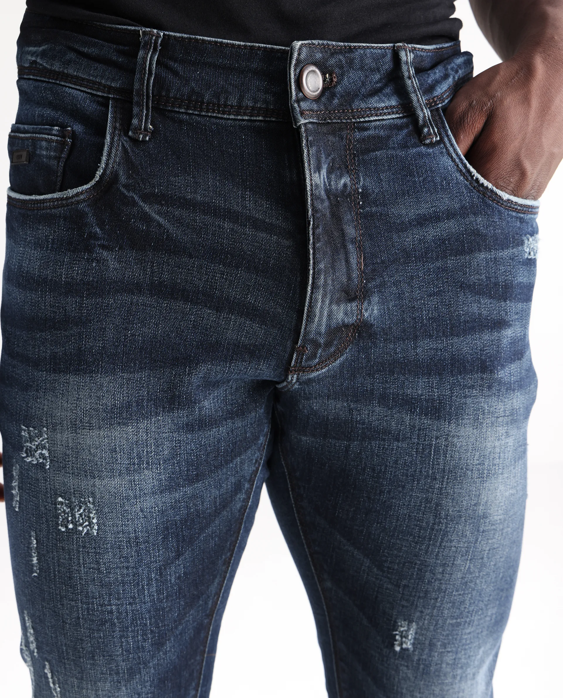 Rare Rabbit Men's Parle Navy Cotton Plain Hawk Slim Fit Jeans - Image 4