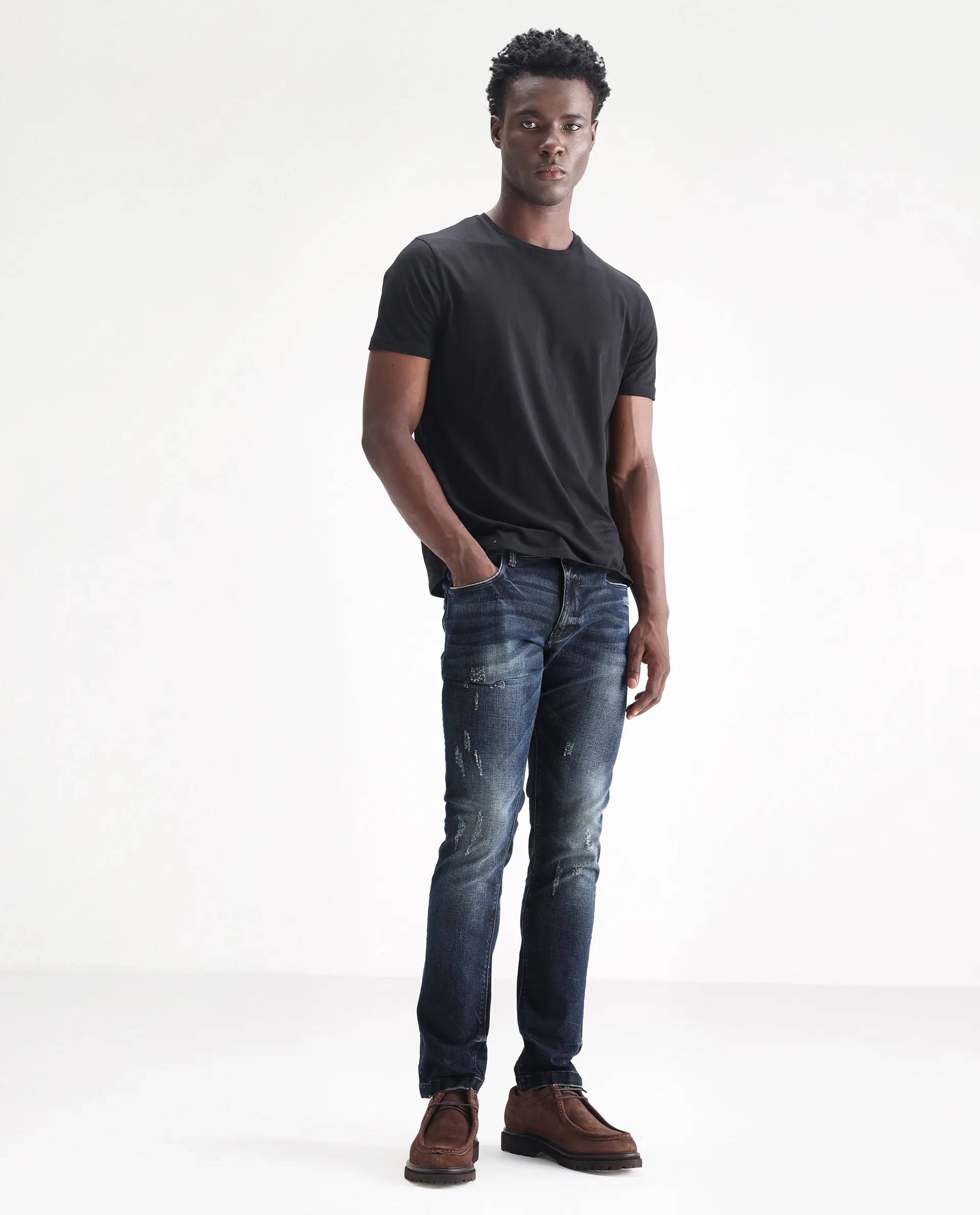 Rare Rabbit Men's Parle Navy Cotton Plain Hawk Slim Fit Jeans - Image 6