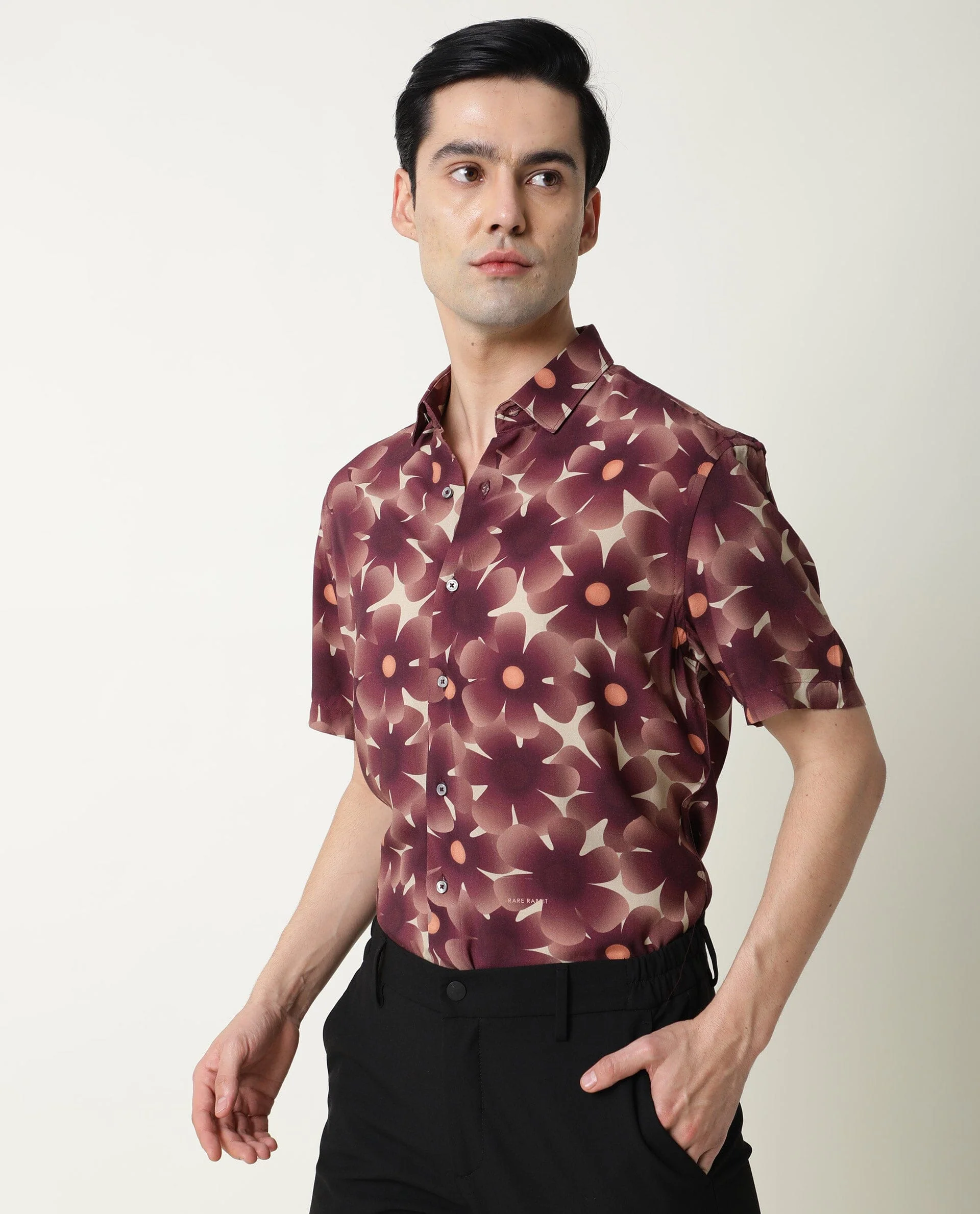 Rare Rabbit Men's Parles Brown Viscose Floral Print Regular Fit Half Sleeve Collared Shirt - Image 3