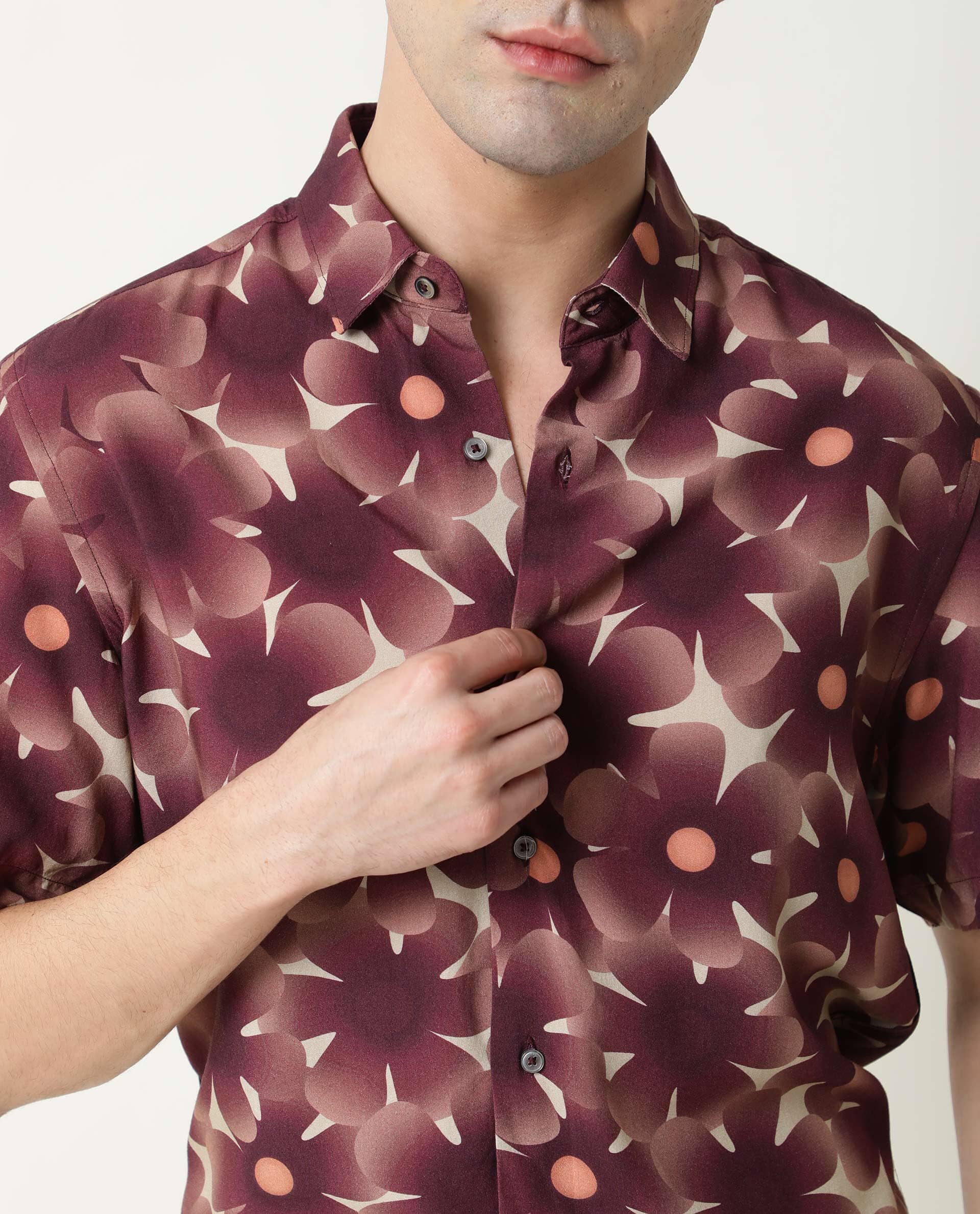 Rare Rabbit Men's Parles Brown Viscose Floral Print Regular Fit Half Sleeve Collared Shirt - Image 4