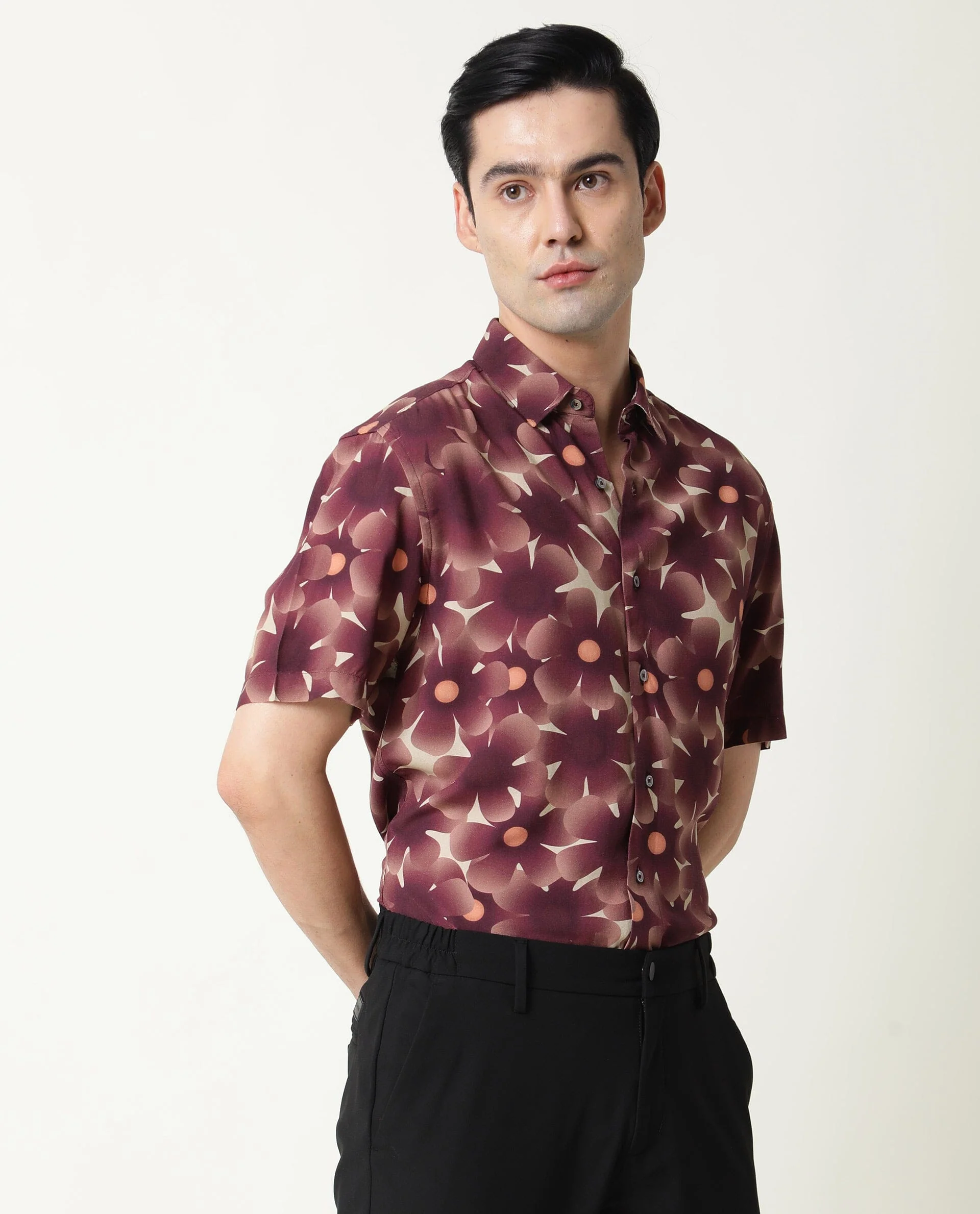 Rare Rabbit Men's Parles Brown Viscose Floral Print Regular Fit Half Sleeve Collared Shirt - Image 6