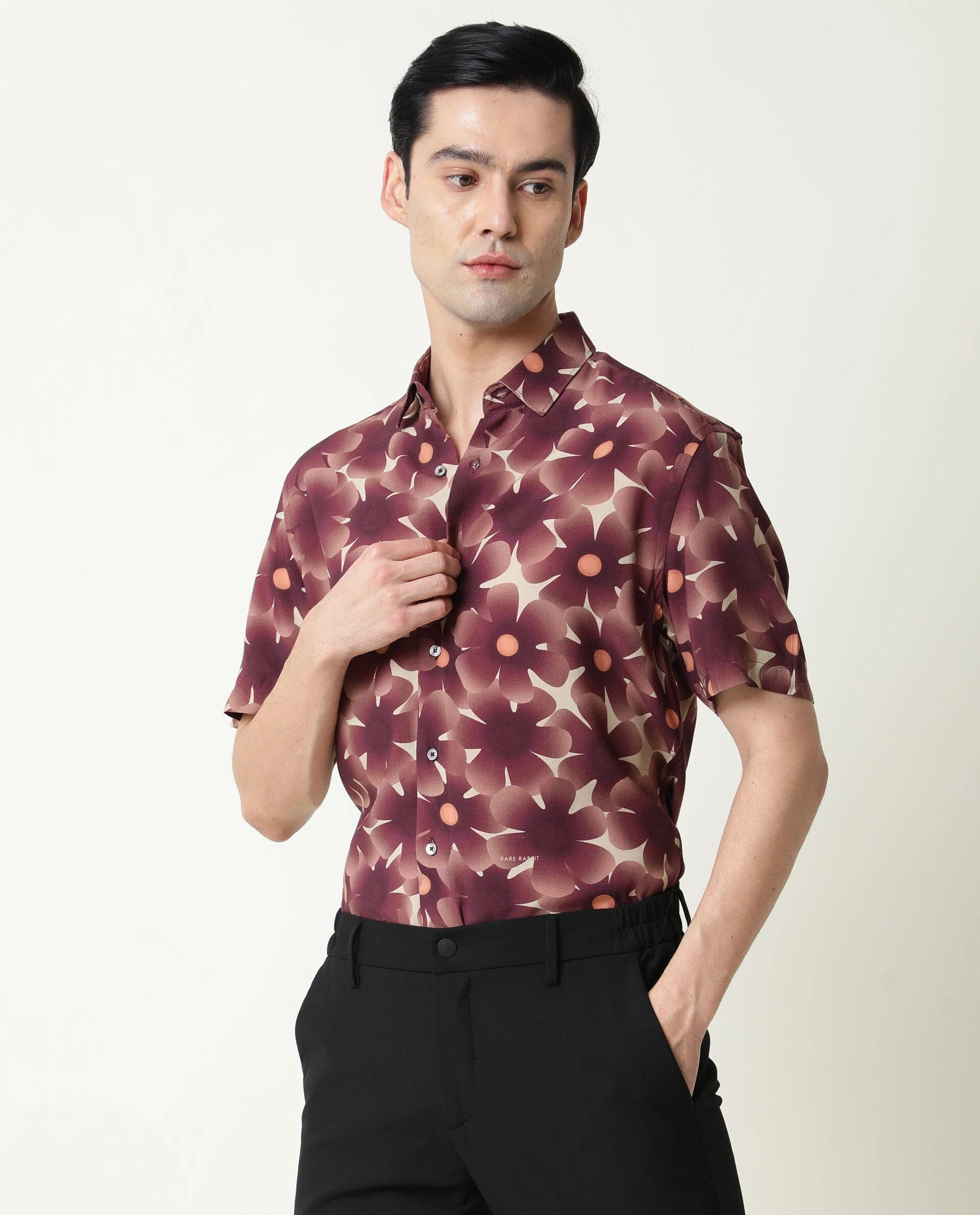 Rare Rabbit Men's Parles Brown Viscose Floral Print Regular Fit Half Sleeve Collared Shirt - Image 7
