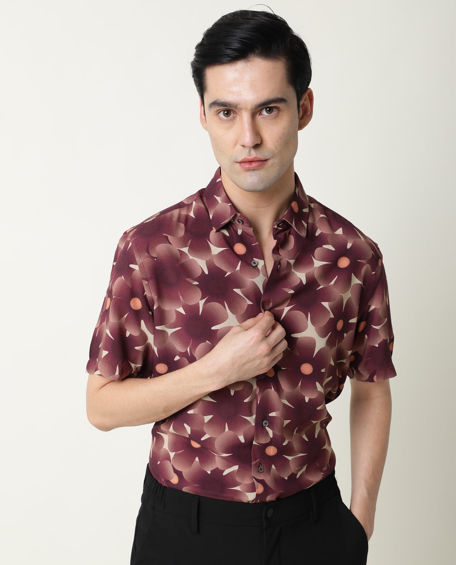 Rare Rabbit Men's Parles Brown Viscose Floral Print Regular Fit Half Sleeve Collared Shirt - Image 8