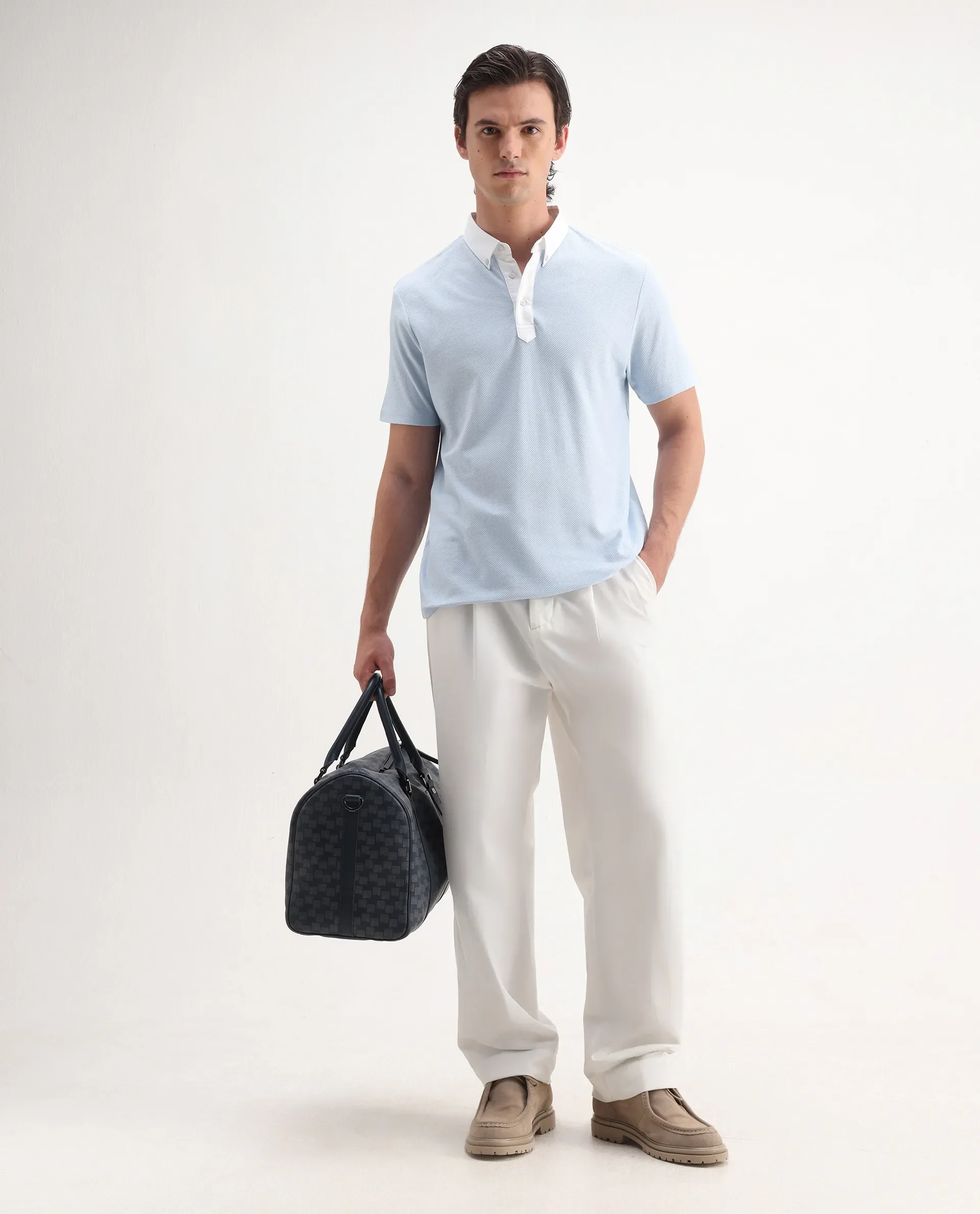 Rare Rabbit Men's Parma2 Pastel Blue Cotton Plain Regular Fit Half Sleeve Polo - Image 2