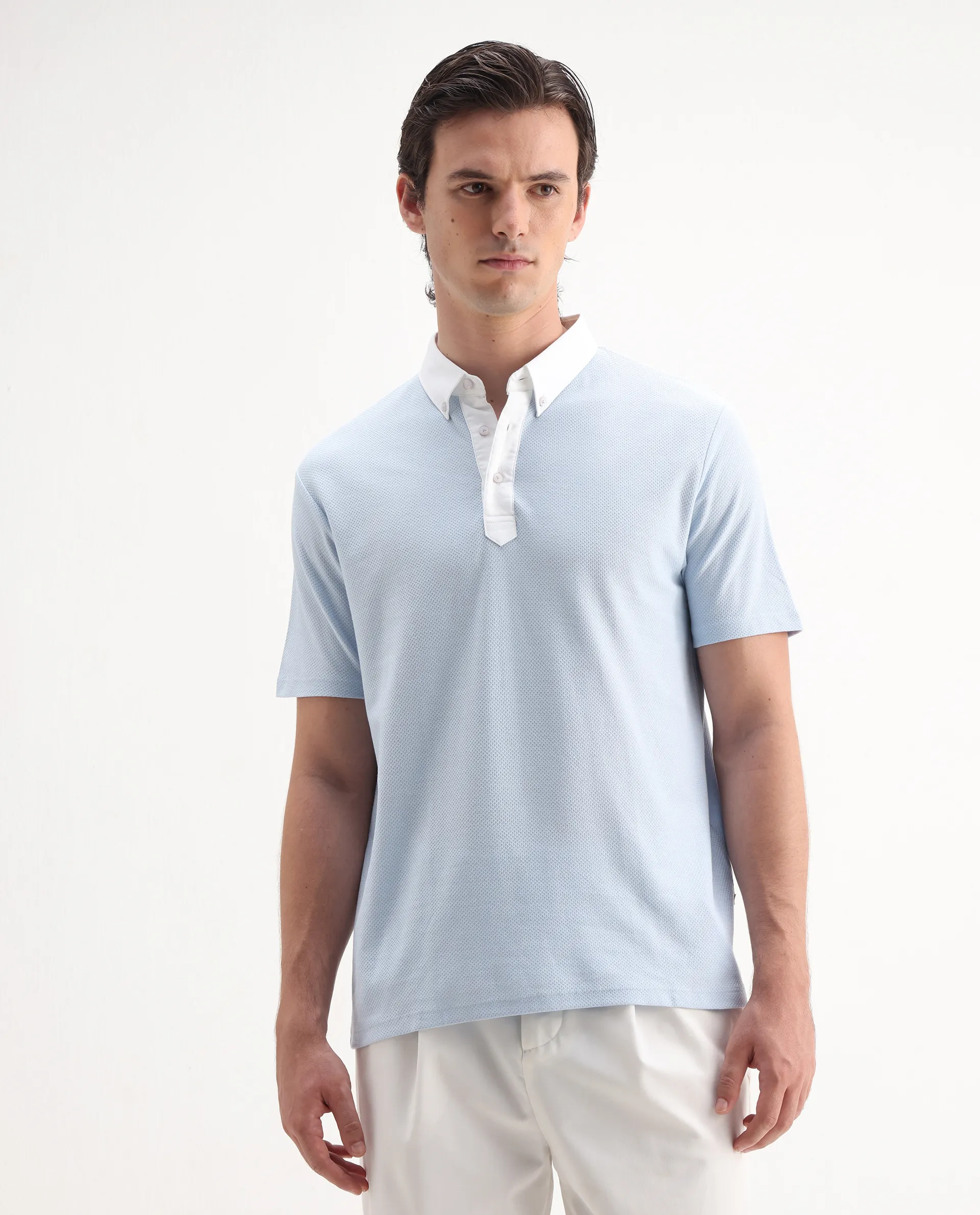 Rare Rabbit Men's Parma2 Pastel Blue Cotton Plain Regular Fit Half Sleeve Polo - Image 3