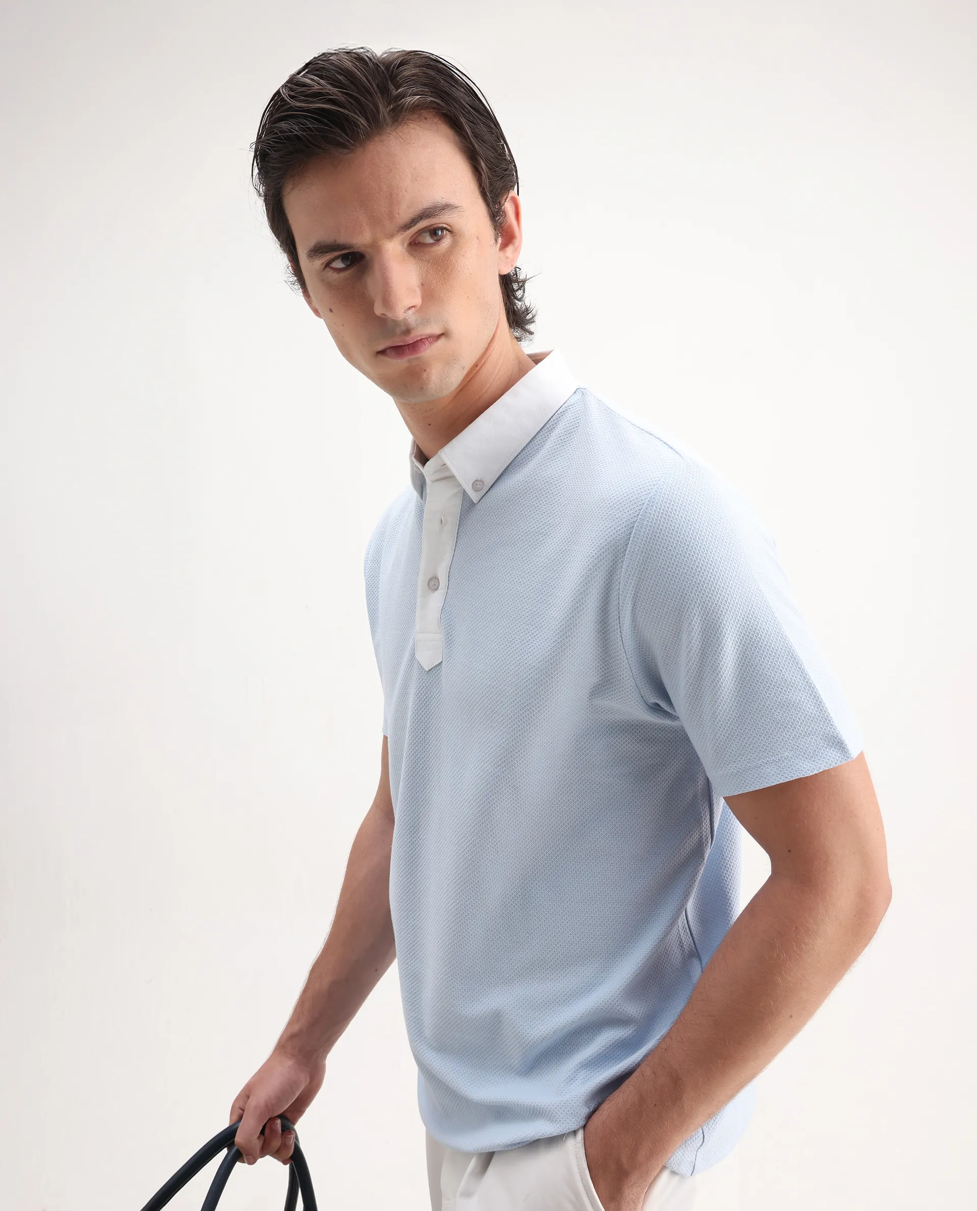 Rare Rabbit Men's Parma2 Pastel Blue Cotton Plain Regular Fit Half Sleeve Polo - Image 4