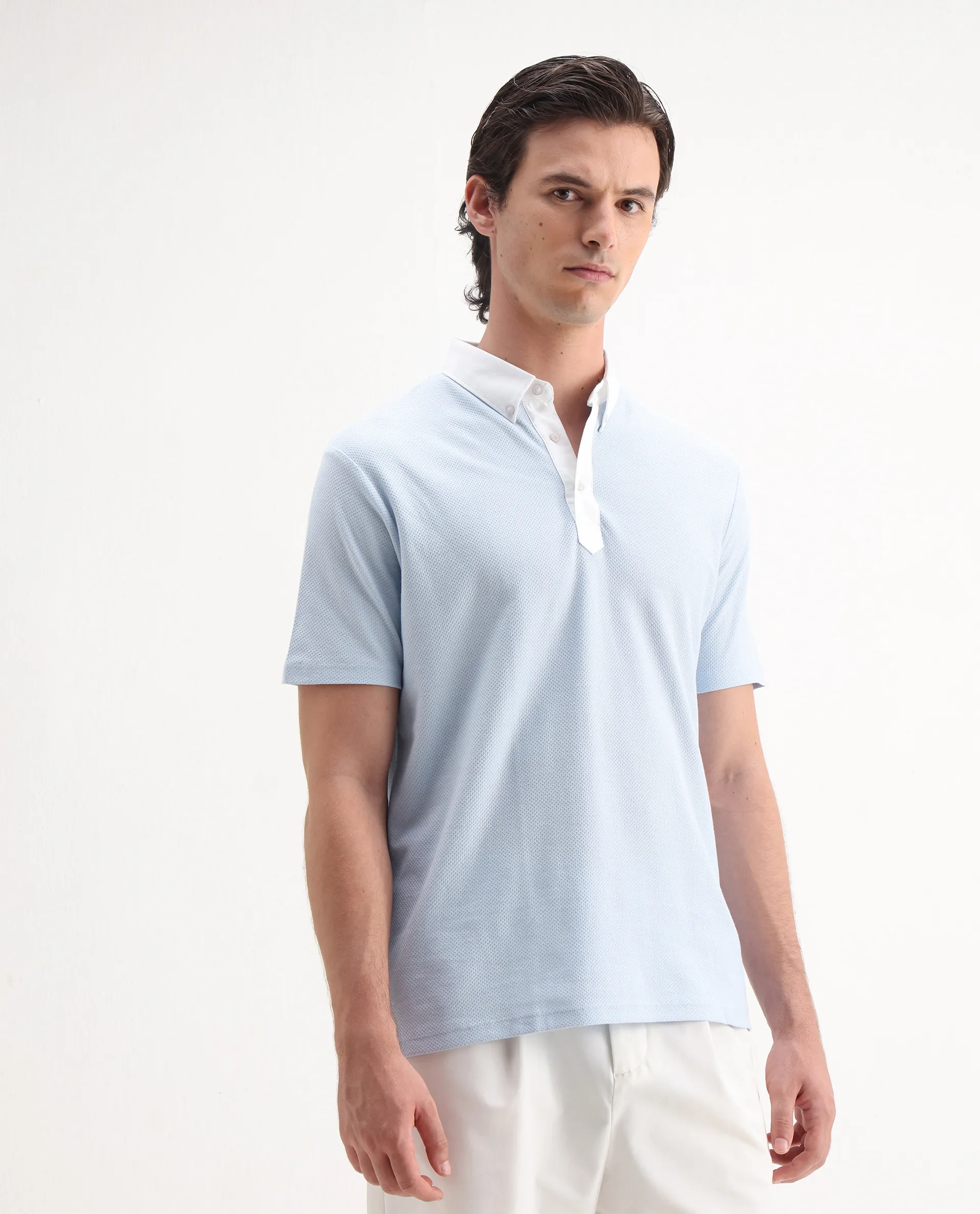 Rare Rabbit Men's Parma2 Pastel Blue Cotton Plain Regular Fit Half Sleeve Polo - Image 6