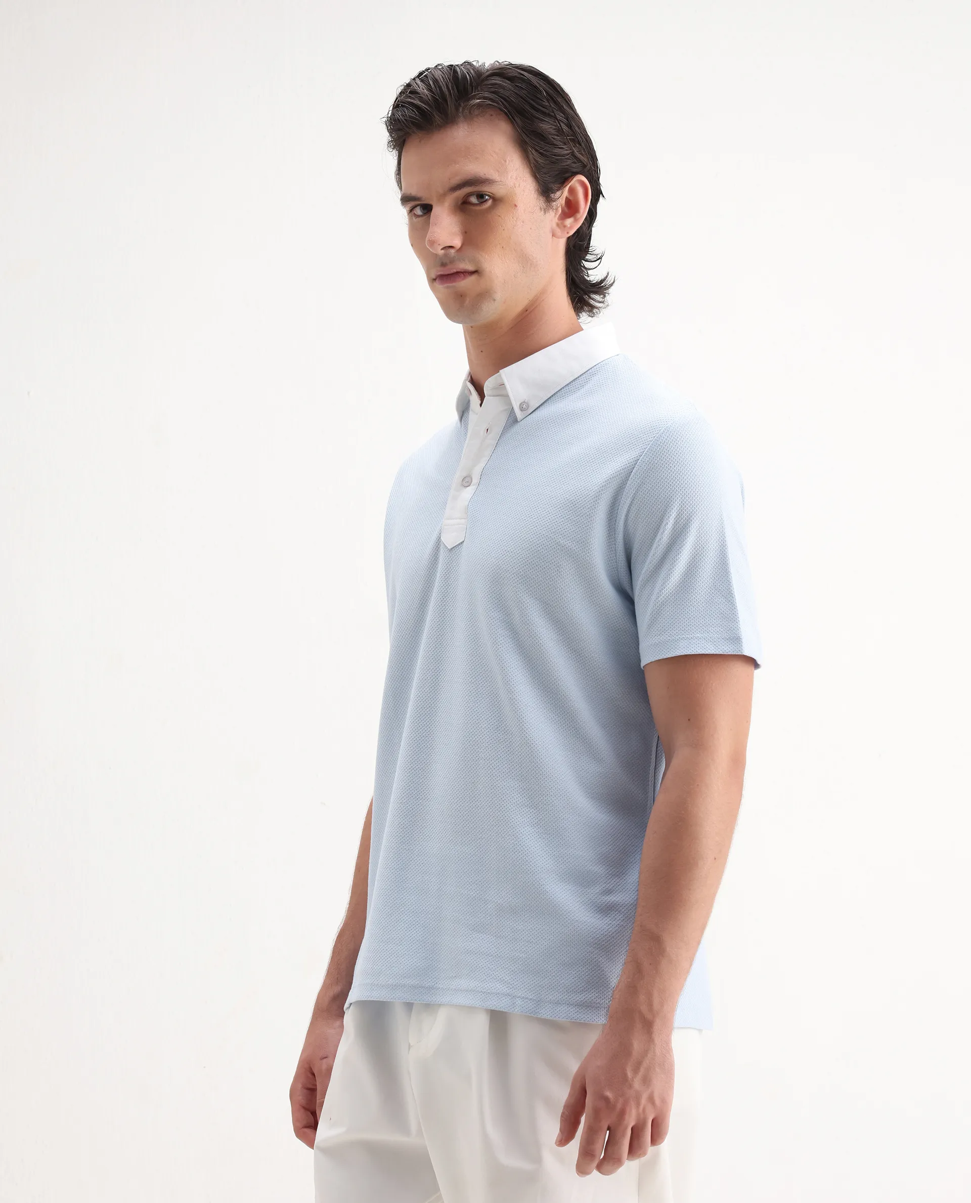 Rare Rabbit Men's Parma2 Pastel Blue Cotton Plain Regular Fit Half Sleeve Polo - Image 7