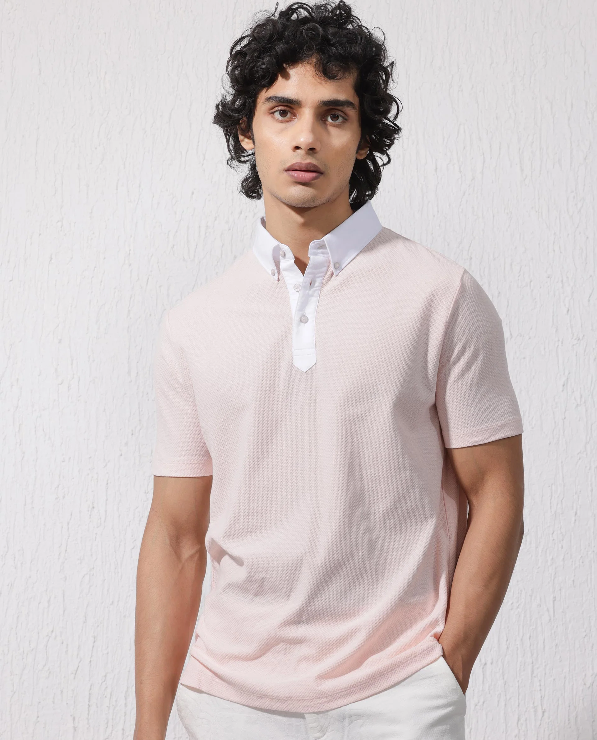 Rare Rabbit Men's Parma2 Pastel Pink Cotton Plain Regular Fit Half Sleeve Polo - Image 2