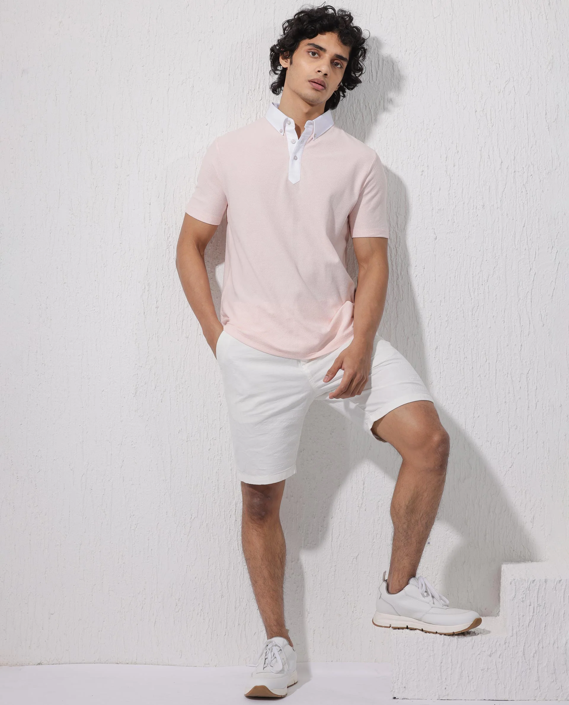 Rare Rabbit Men's Parma2 Pastel Pink Cotton Plain Regular Fit Half Sleeve Polo - Image 3