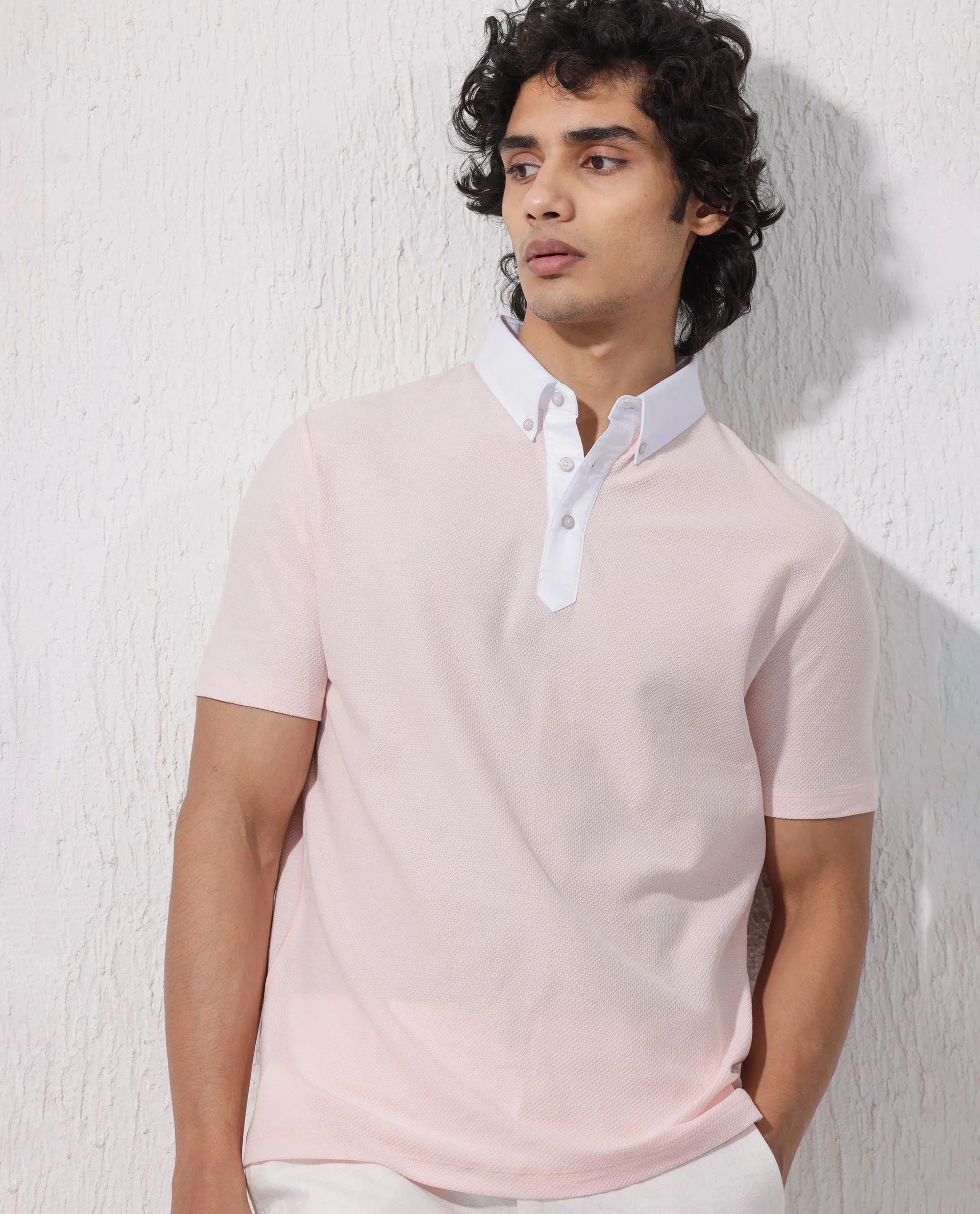 Rare Rabbit Men's Parma2 Pastel Pink Cotton Plain Regular Fit Half Sleeve Polo - Image 5
