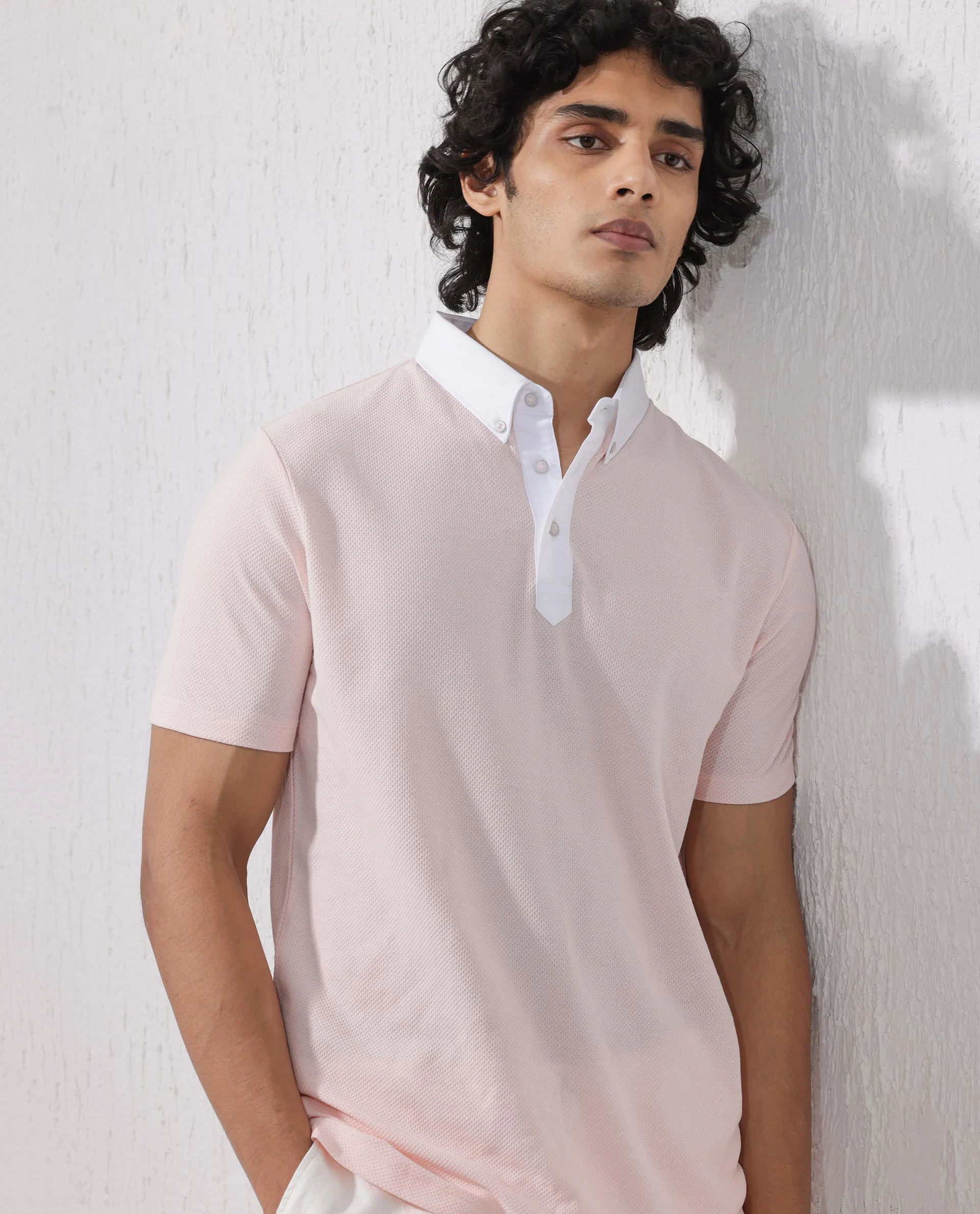 Rare Rabbit Men's Parma2 Pastel Pink Cotton Plain Regular Fit Half Sleeve Polo - Image 7