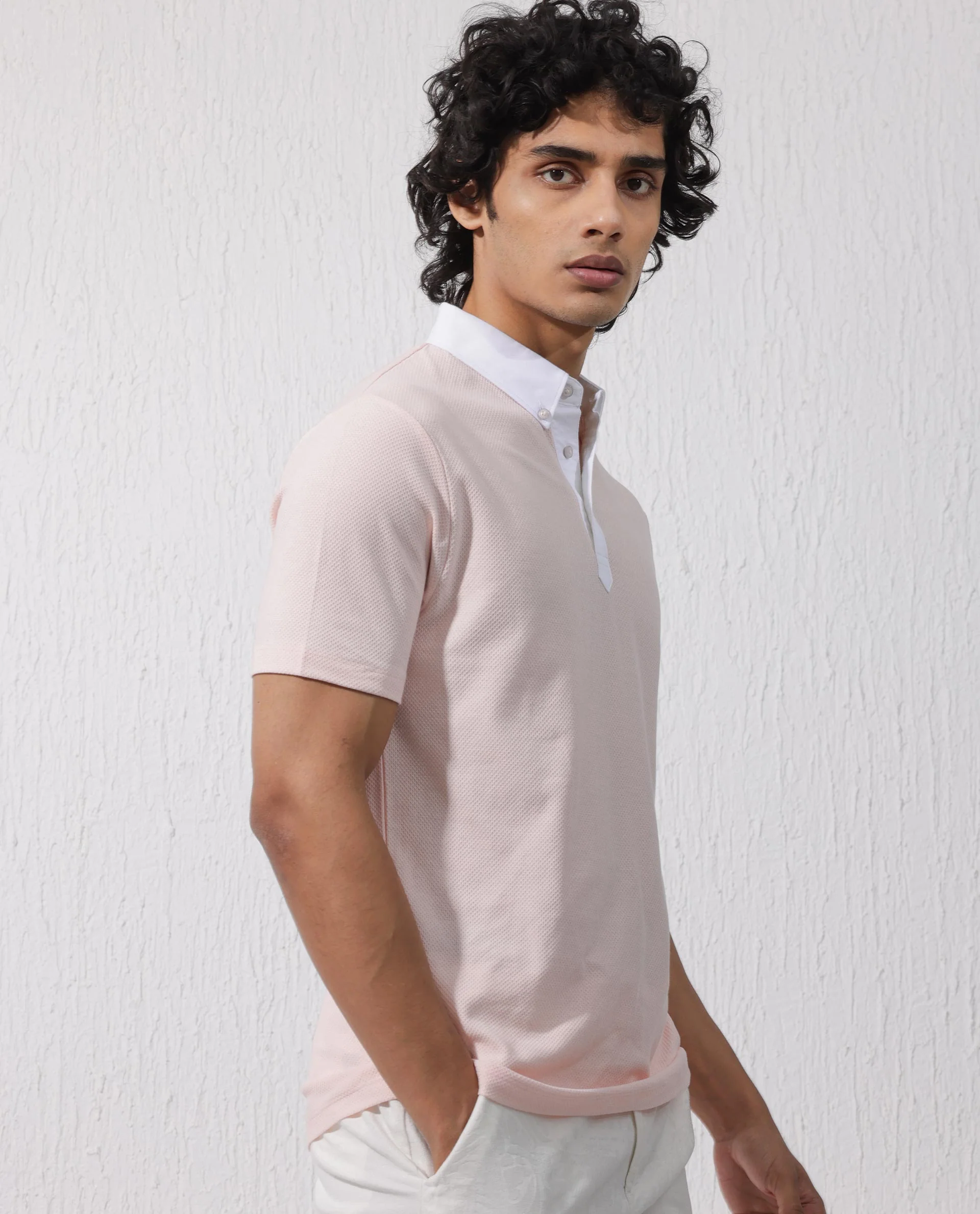 Rare Rabbit Men's Parma2 Pastel Pink Cotton Plain Regular Fit Half Sleeve Polo - Image 8