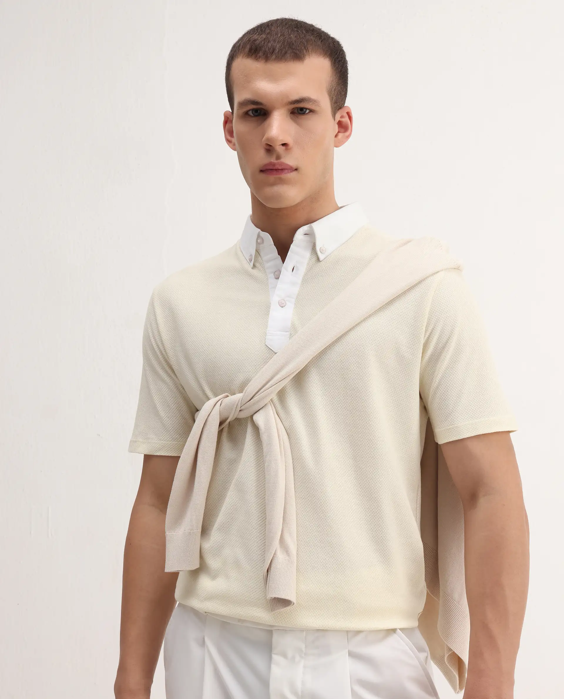 Rare Rabbit Men's Parma2 Pastel Yellow Cotton Plain Regular Fit Half Sleeve Polo