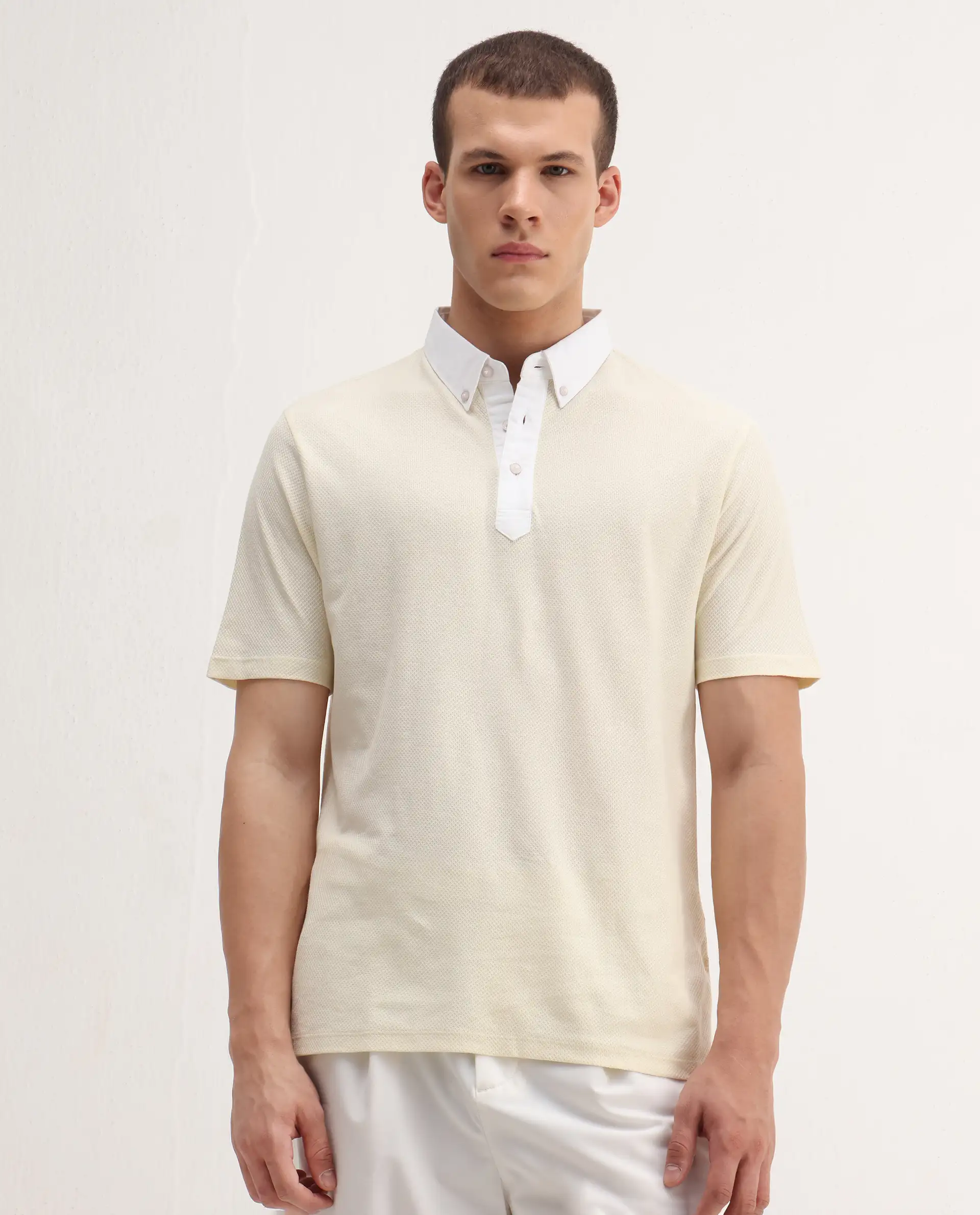Rare Rabbit Men's Parma2 Pastel Yellow Cotton Plain Regular Fit Half Sleeve Polo - Image 3
