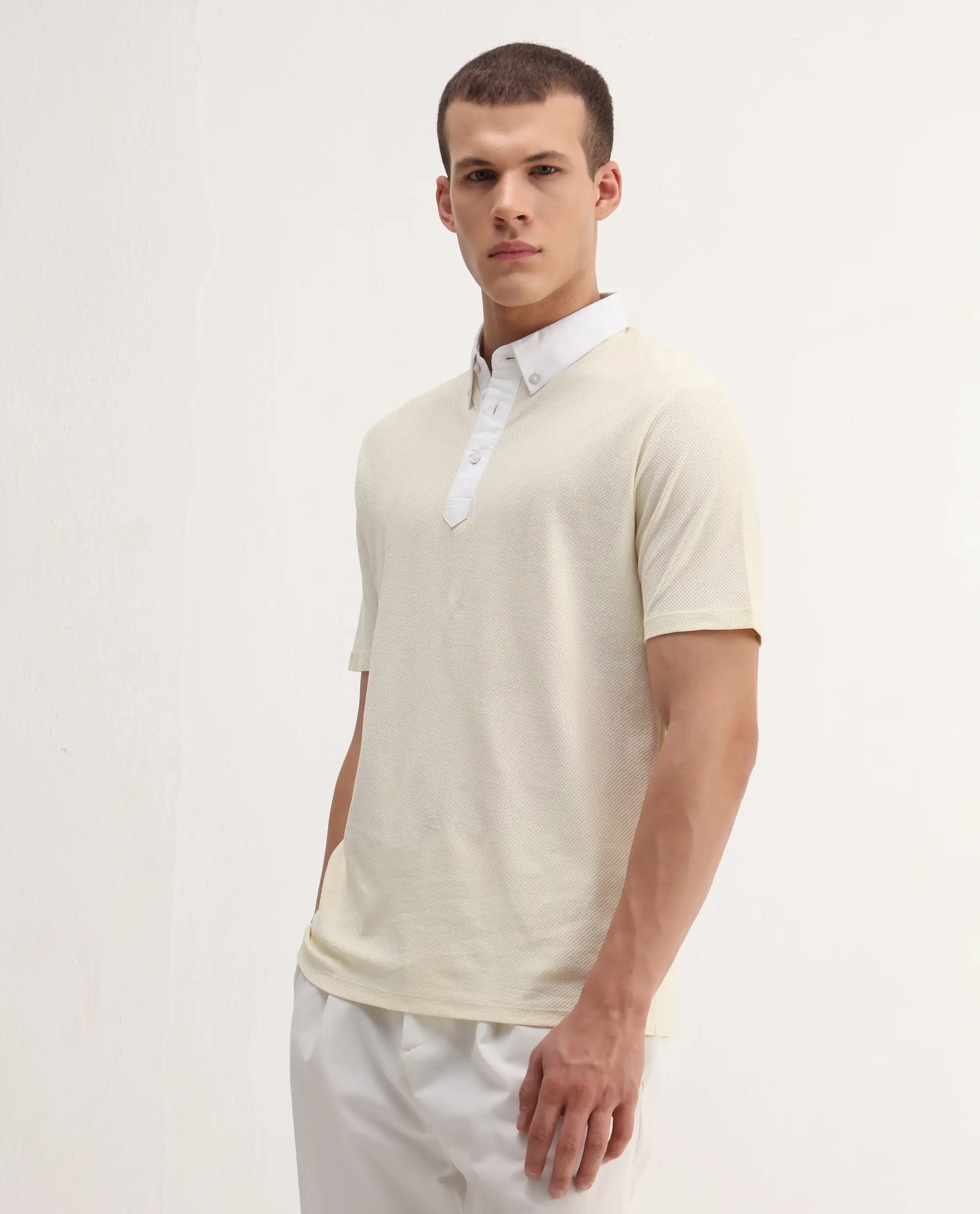 Rare Rabbit Men's Parma2 Pastel Yellow Cotton Plain Regular Fit Half Sleeve Polo - Image 6
