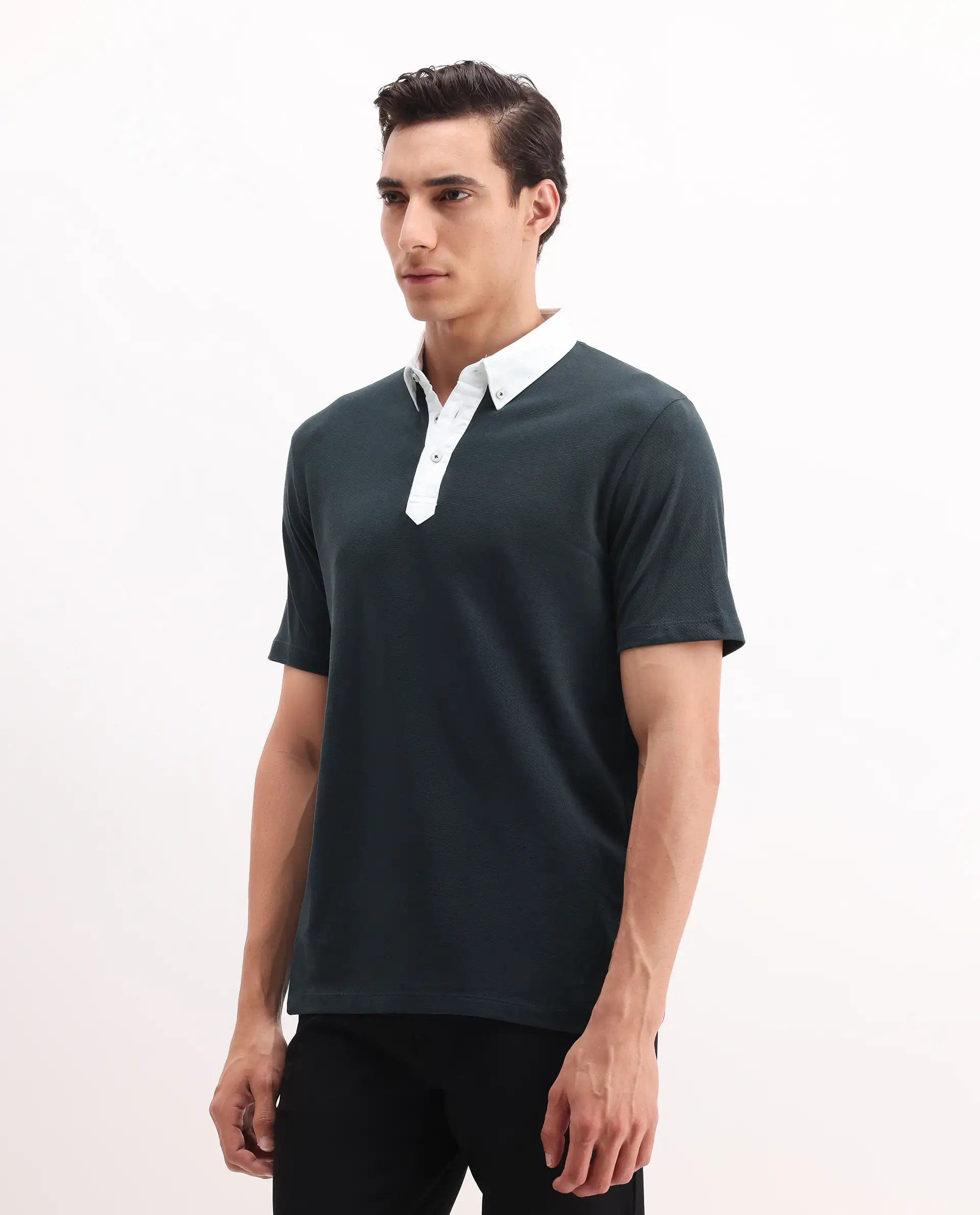 Rare Rabbit Men's Parma 2 Petrol Cotton Plain Regular Fit Half Sleeve Polo - Image 5
