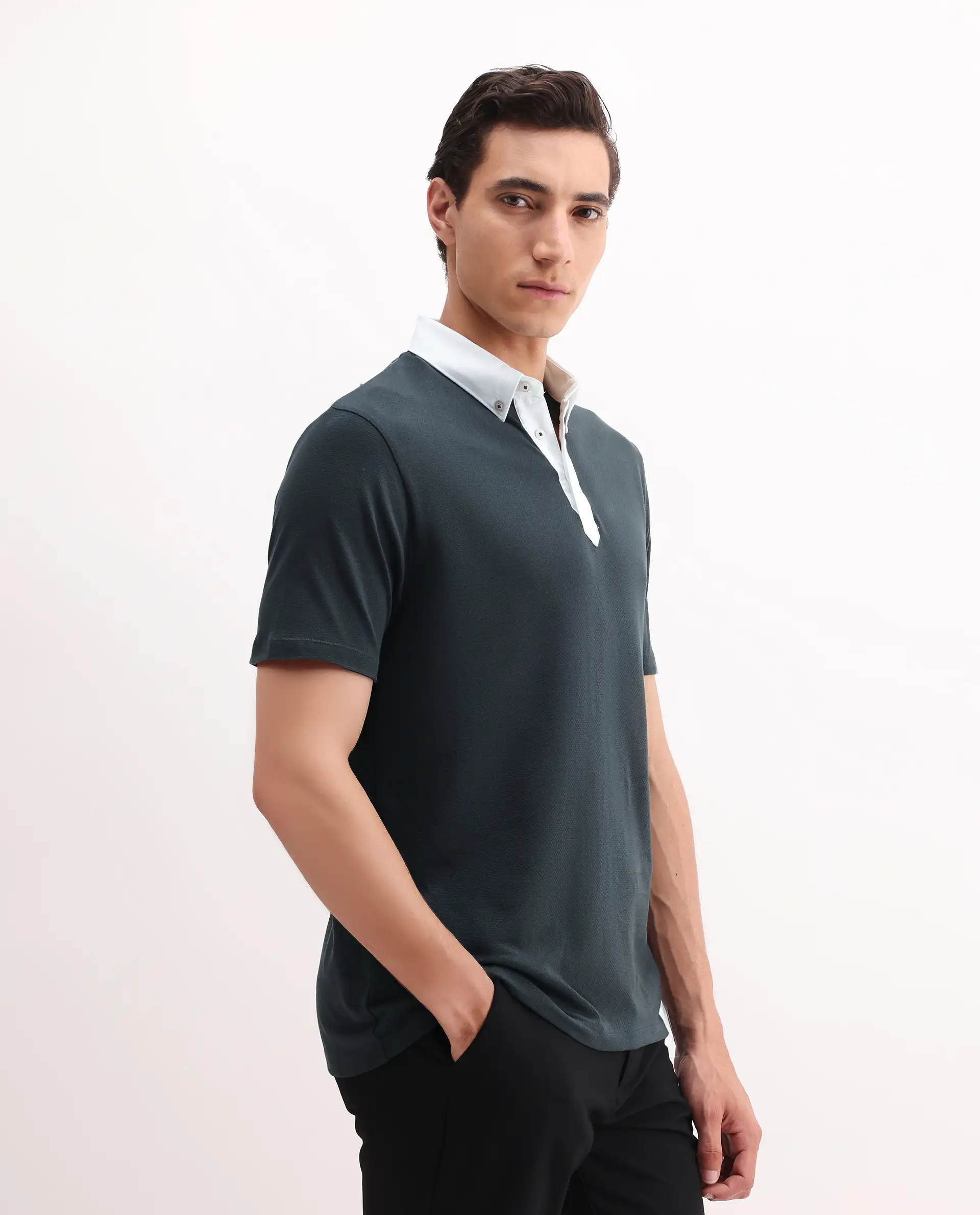 Rare Rabbit Men's Parma 2 Petrol Cotton Plain Regular Fit Half Sleeve Polo - Image 6