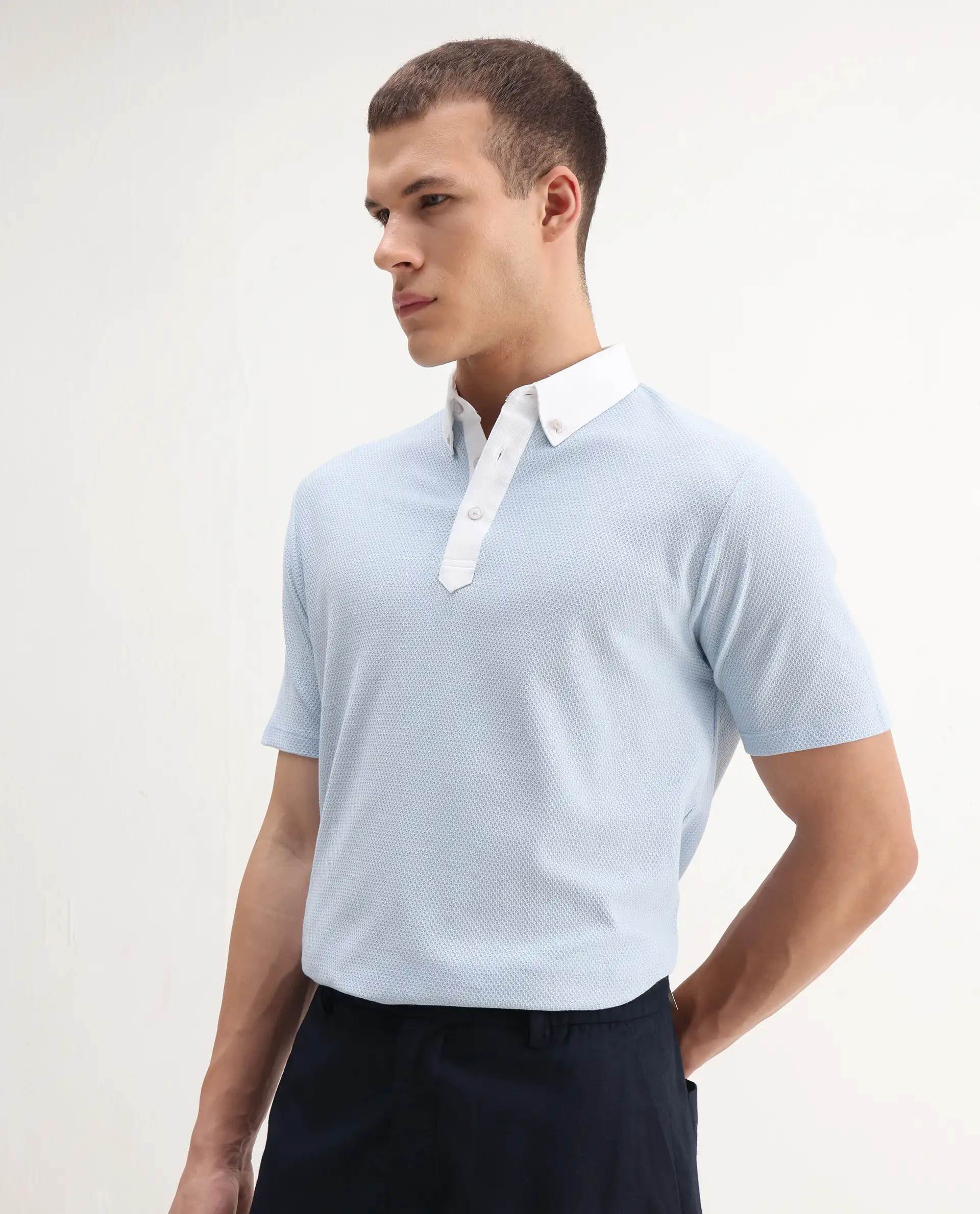 Rare Rabbit Men's Parma-3 Pastel Blue Cotton Plain Regular Fit Half Sleeve Polo