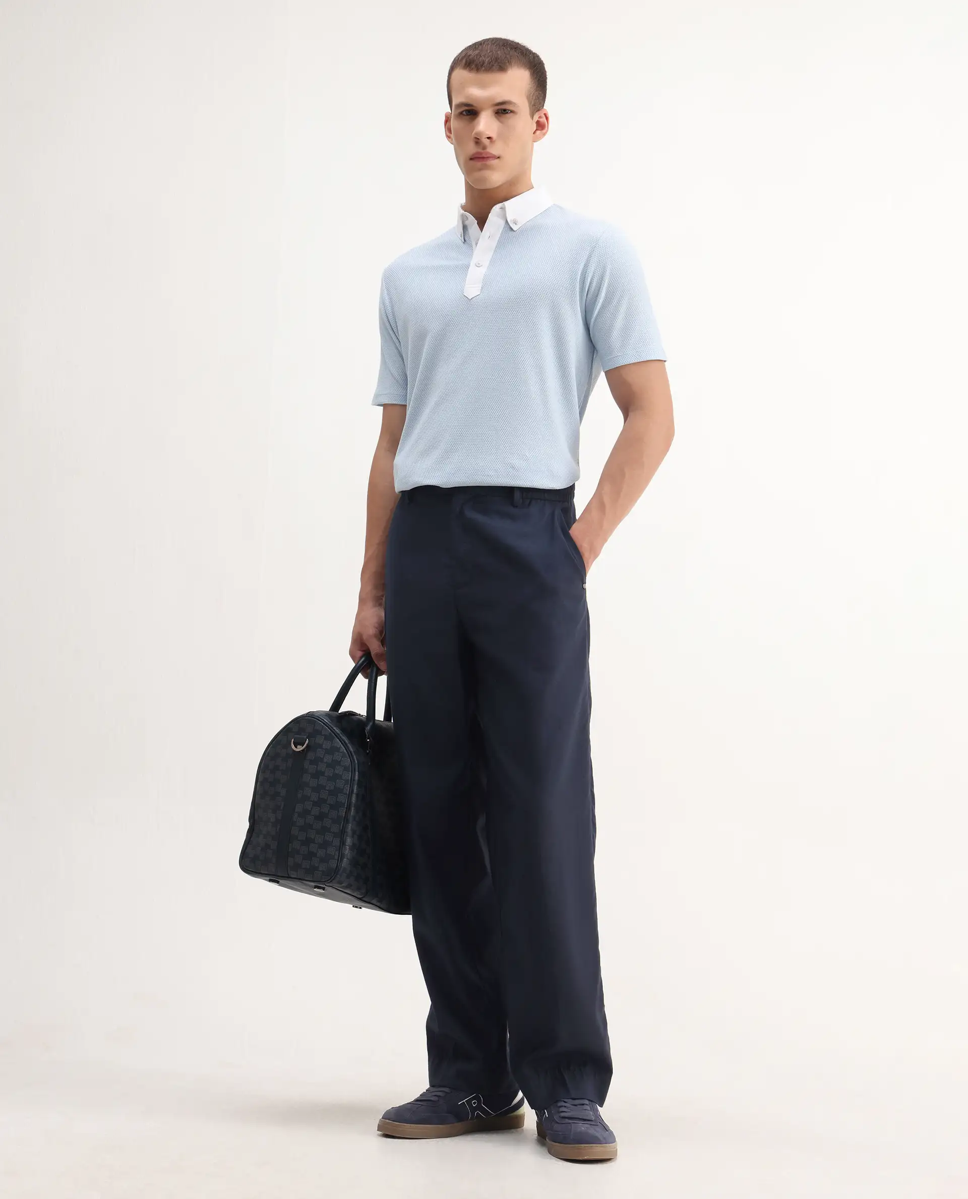 Rare Rabbit Men's Parma-3 Pastel Blue Cotton Plain Regular Fit Half Sleeve Polo - Image 2