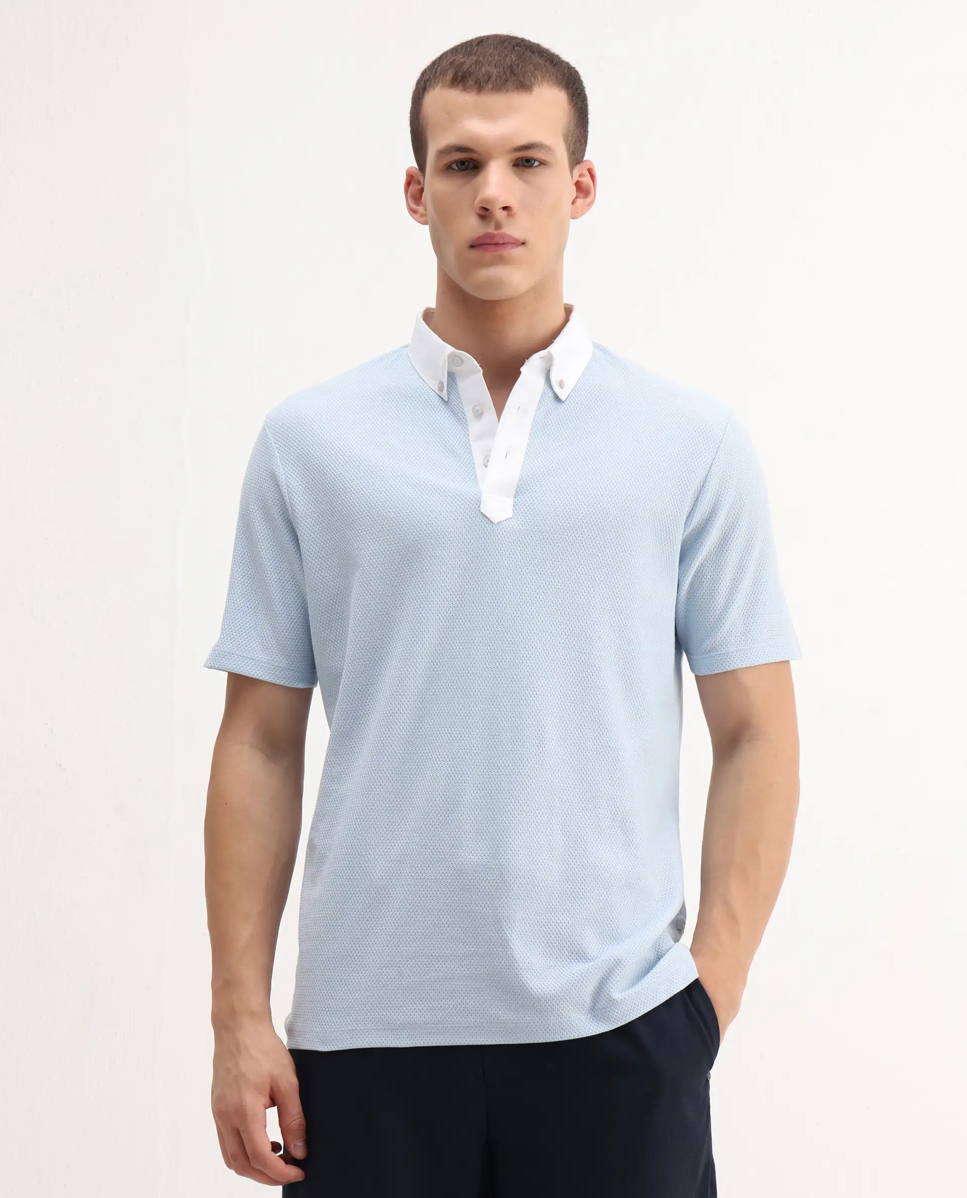 Rare Rabbit Men's Parma-3 Pastel Blue Cotton Plain Regular Fit Half Sleeve Polo - Image 3