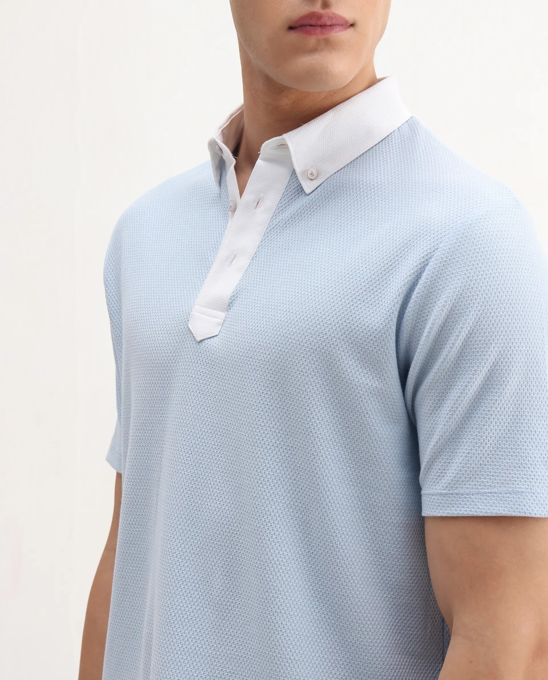 Rare Rabbit Men's Parma-3 Pastel Blue Cotton Plain Regular Fit Half Sleeve Polo - Image 4