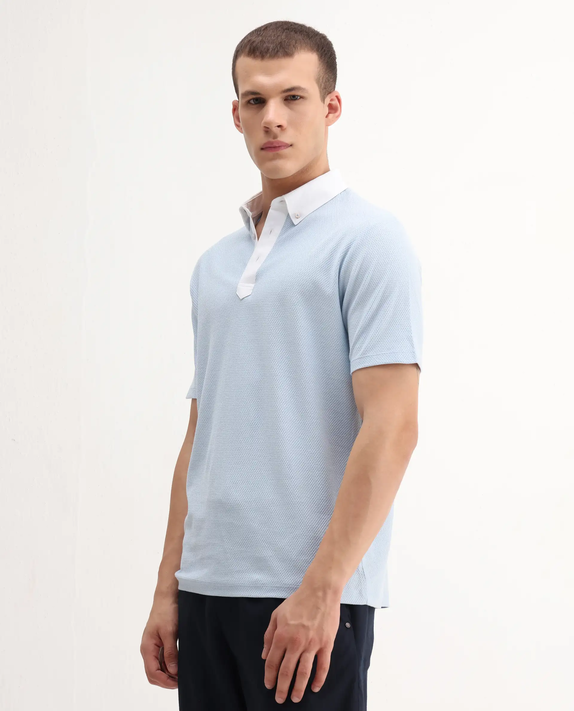 Rare Rabbit Men's Parma-3 Pastel Blue Cotton Plain Regular Fit Half Sleeve Polo - Image 6