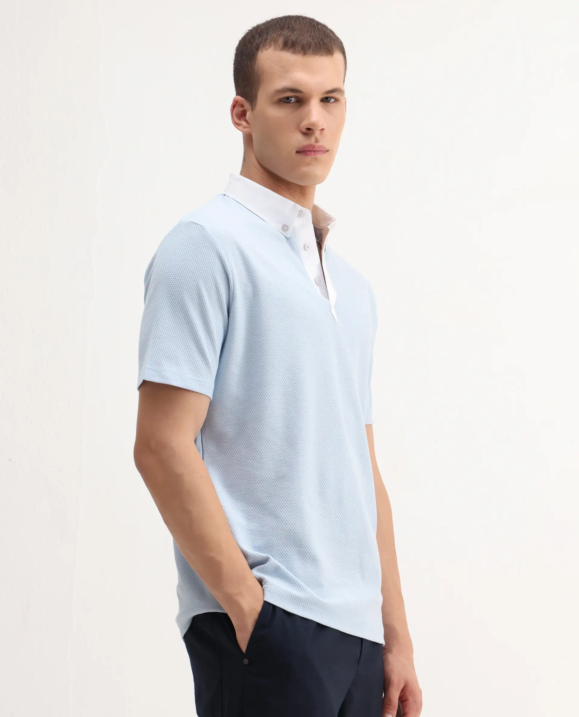 Rare Rabbit Men's Parma-3 Pastel Blue Cotton Plain Regular Fit Half Sleeve Polo - Image 7