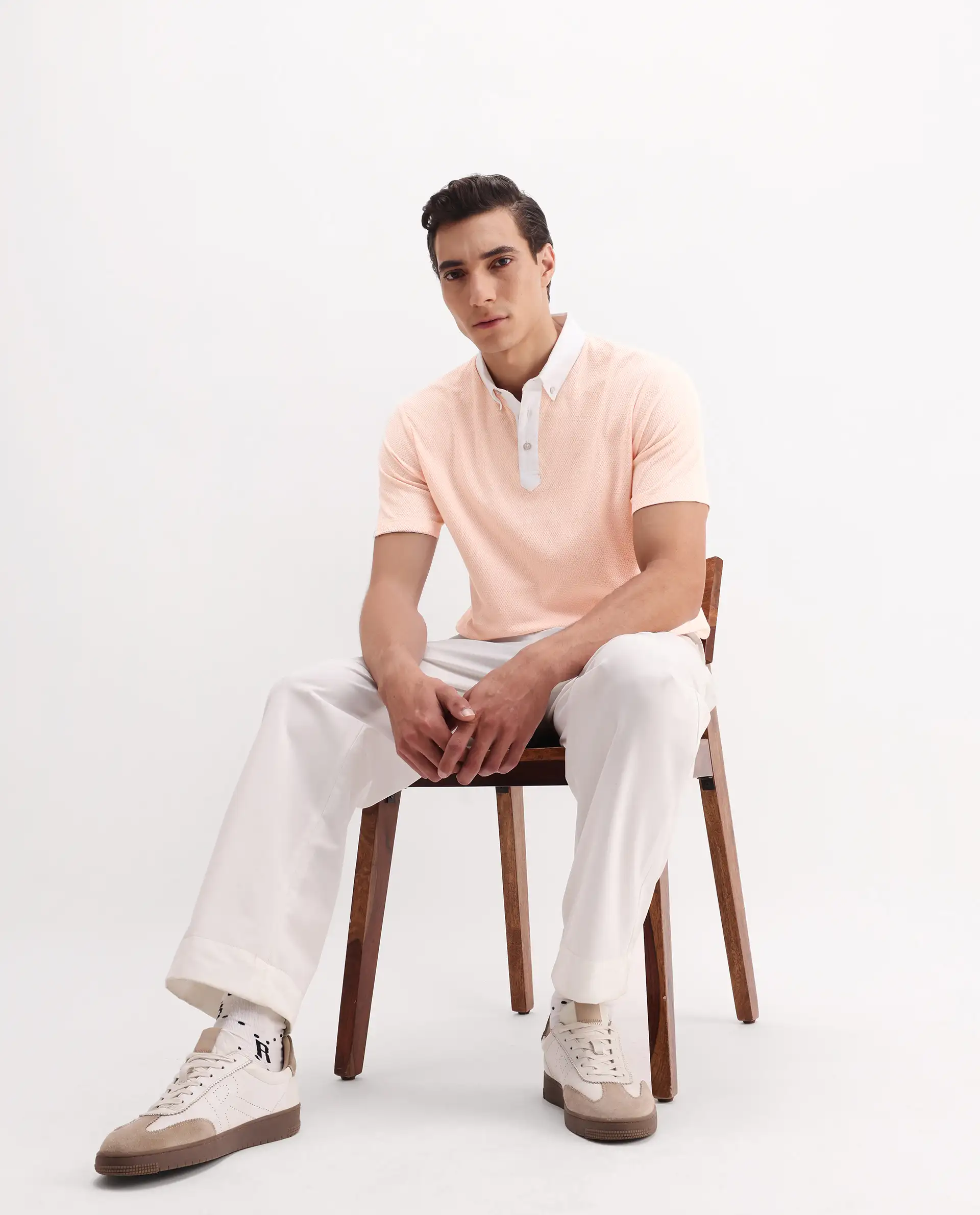 Rare Rabbit Men's Parma-3 Pastel Pink Cotton Plain Regular Fit Half Sleeve Polo - Image 2