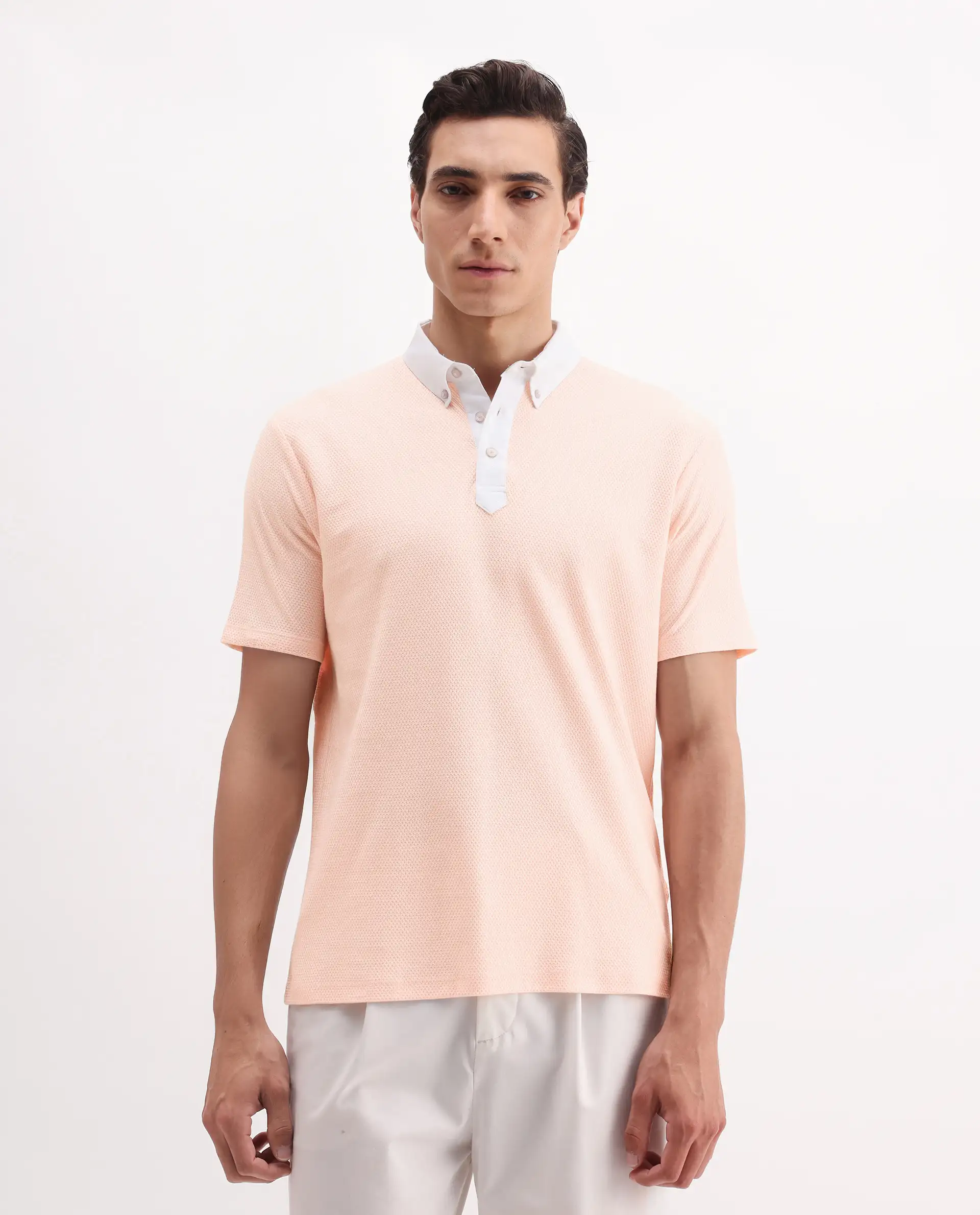 Rare Rabbit Men's Parma-3 Pastel Pink Cotton Plain Regular Fit Half Sleeve Polo - Image 3