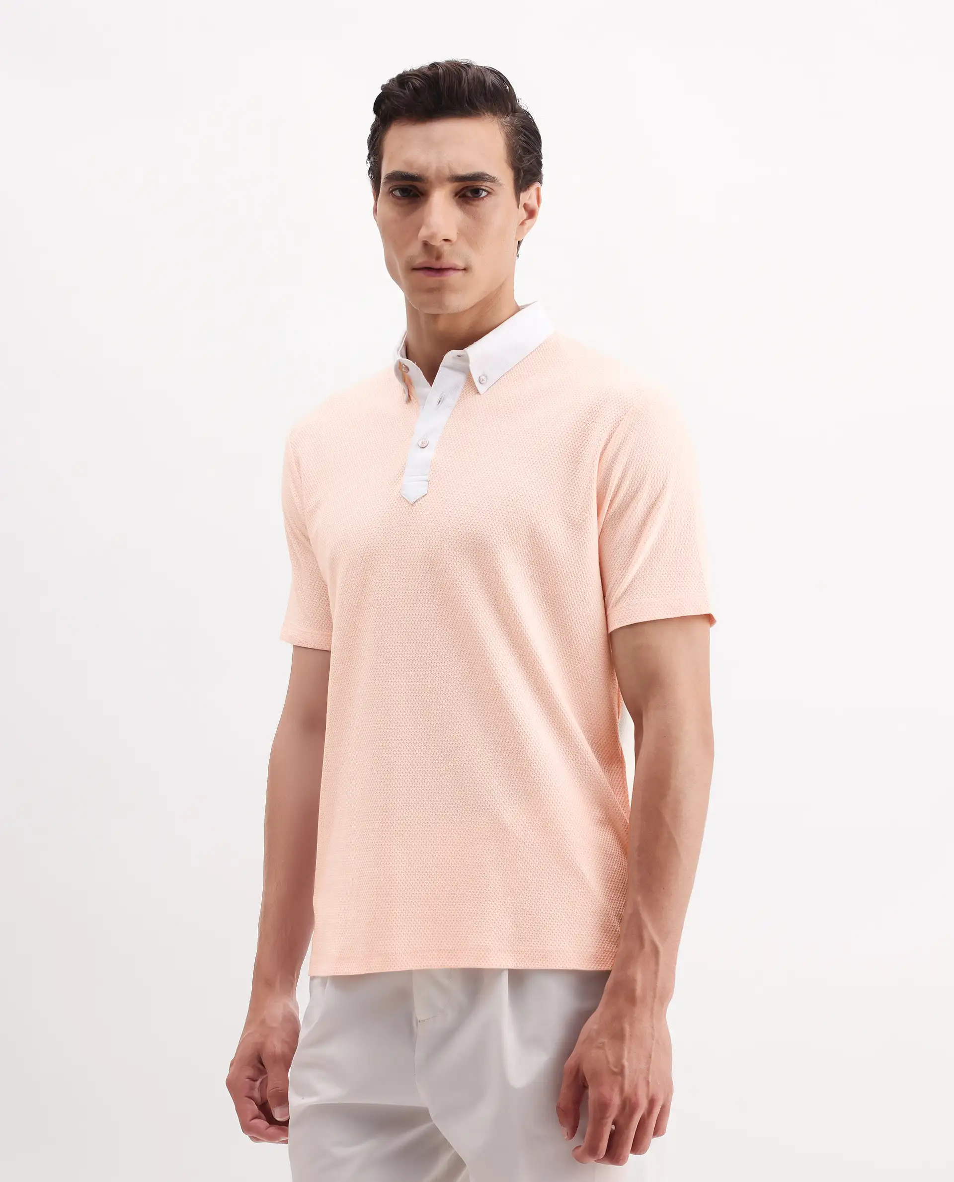 Rare Rabbit Men's Parma-3 Pastel Pink Cotton Plain Regular Fit Half Sleeve Polo - Image 5