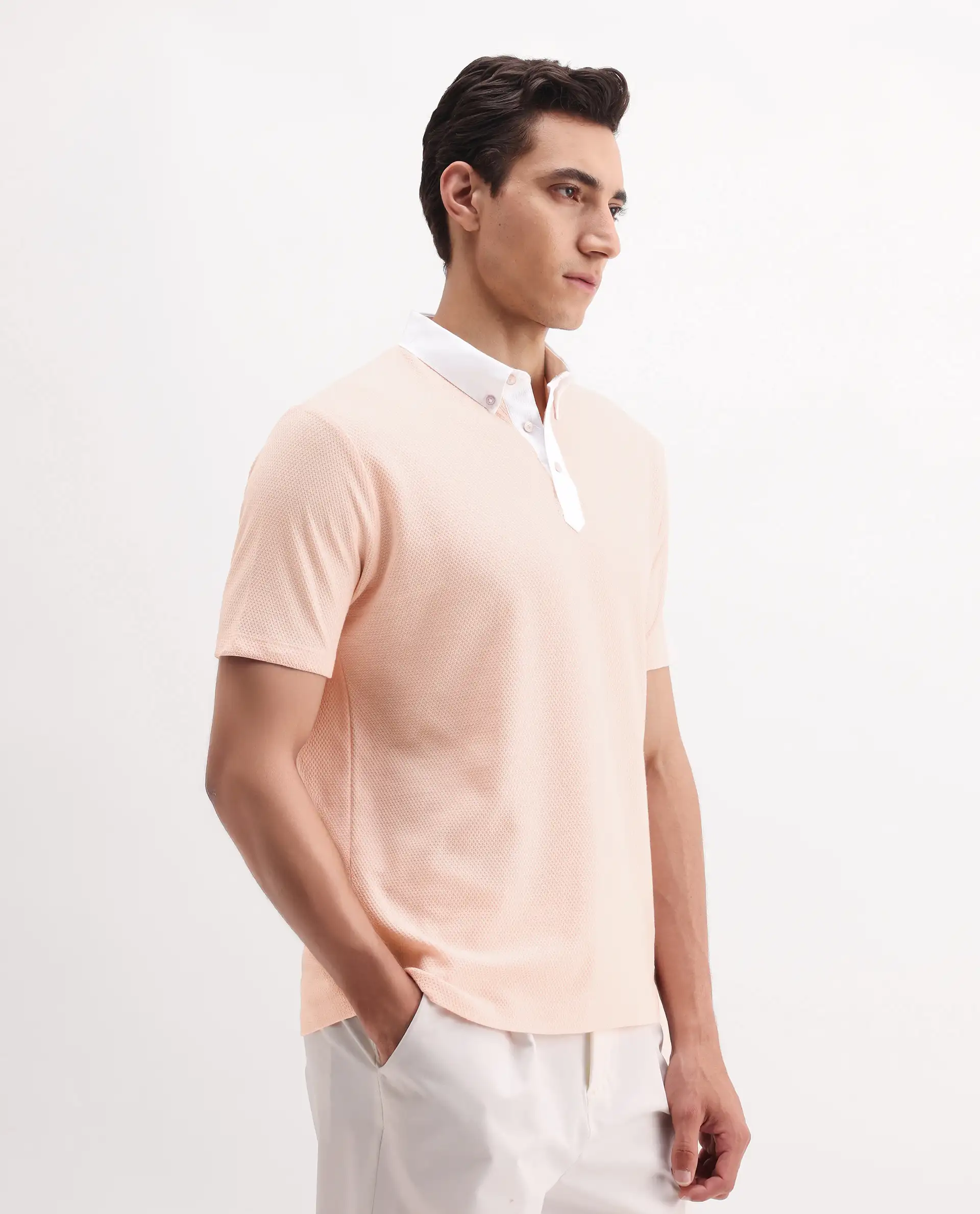 Rare Rabbit Men's Parma-3 Pastel Pink Cotton Plain Regular Fit Half Sleeve Polo - Image 6