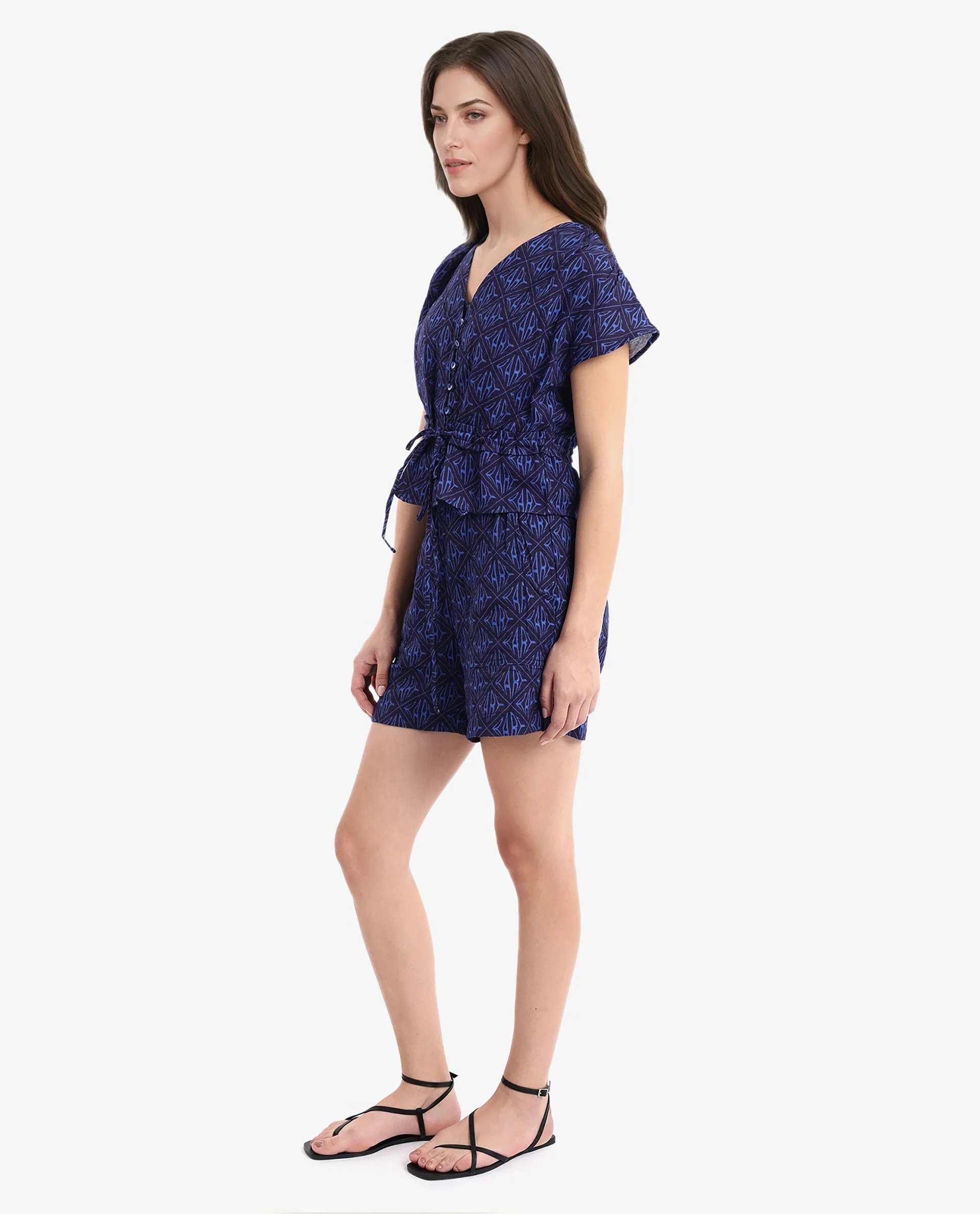 Rareism Women's Parma Dark Blue Cotton Blend Monogram Print Mini Regular Fit Shorts - Image 2