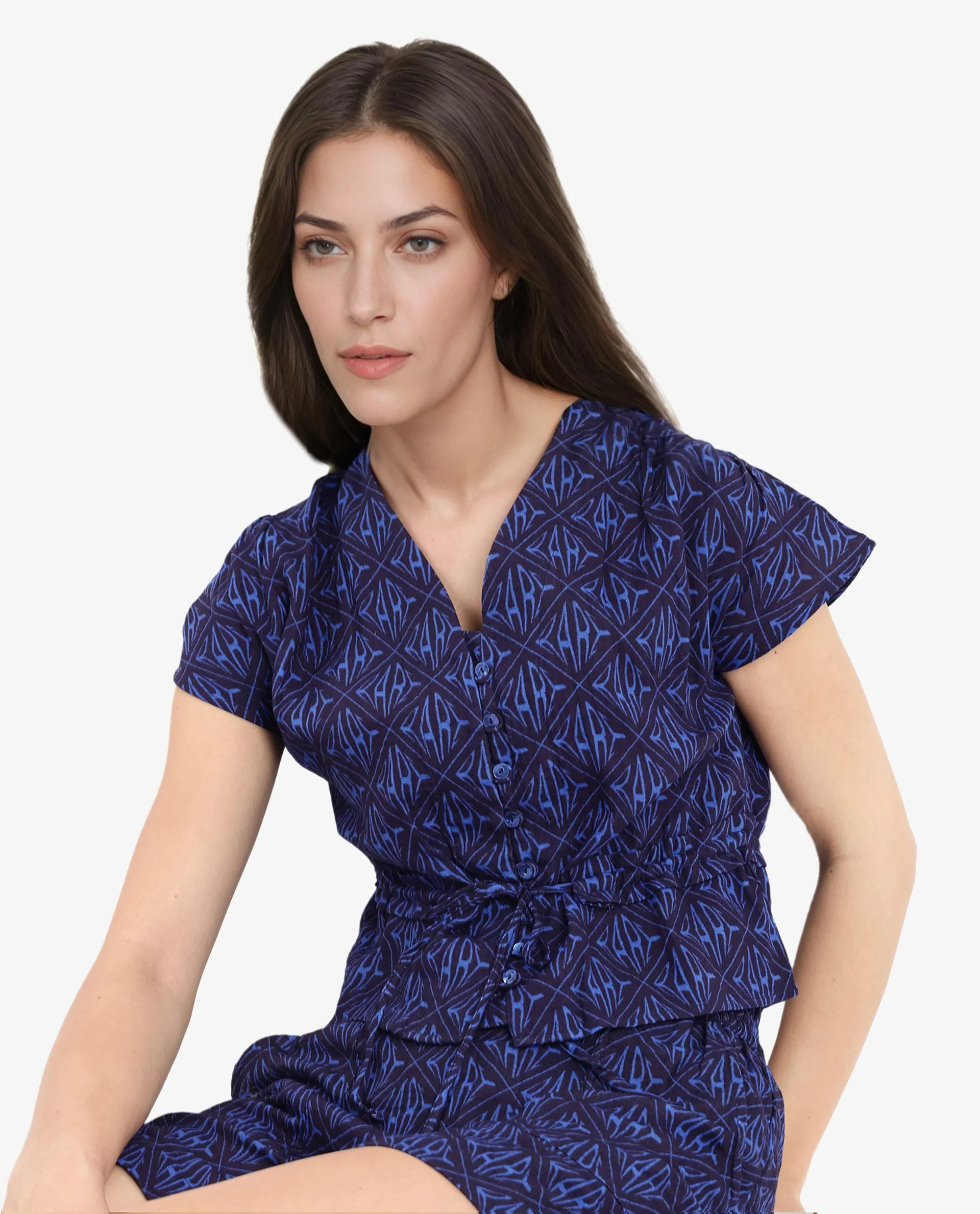 Rareism Women's Parma Dark Blue Cotton Blend Monogram Print Mini Regular Fit Shorts - Image 3